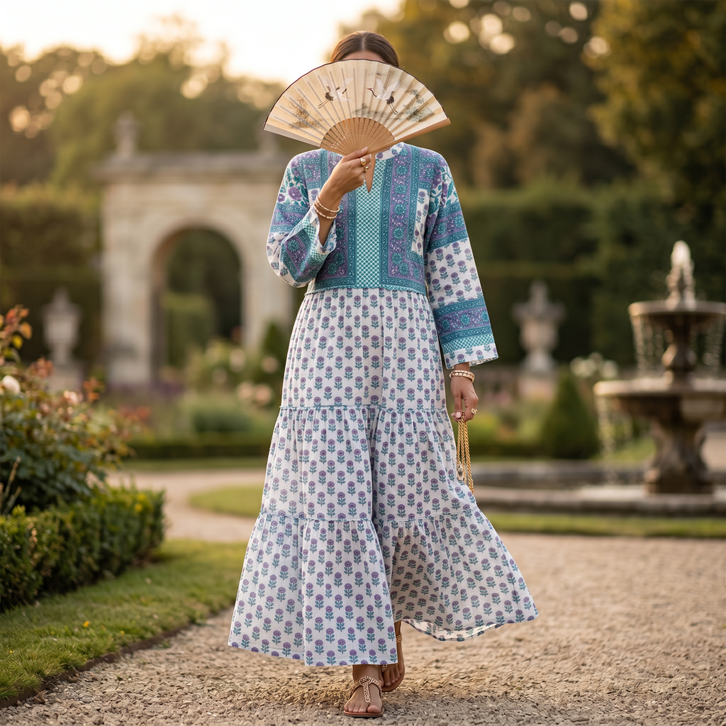 L-XL Afifa Printed Cotton Dress 57" Long Jalabiya