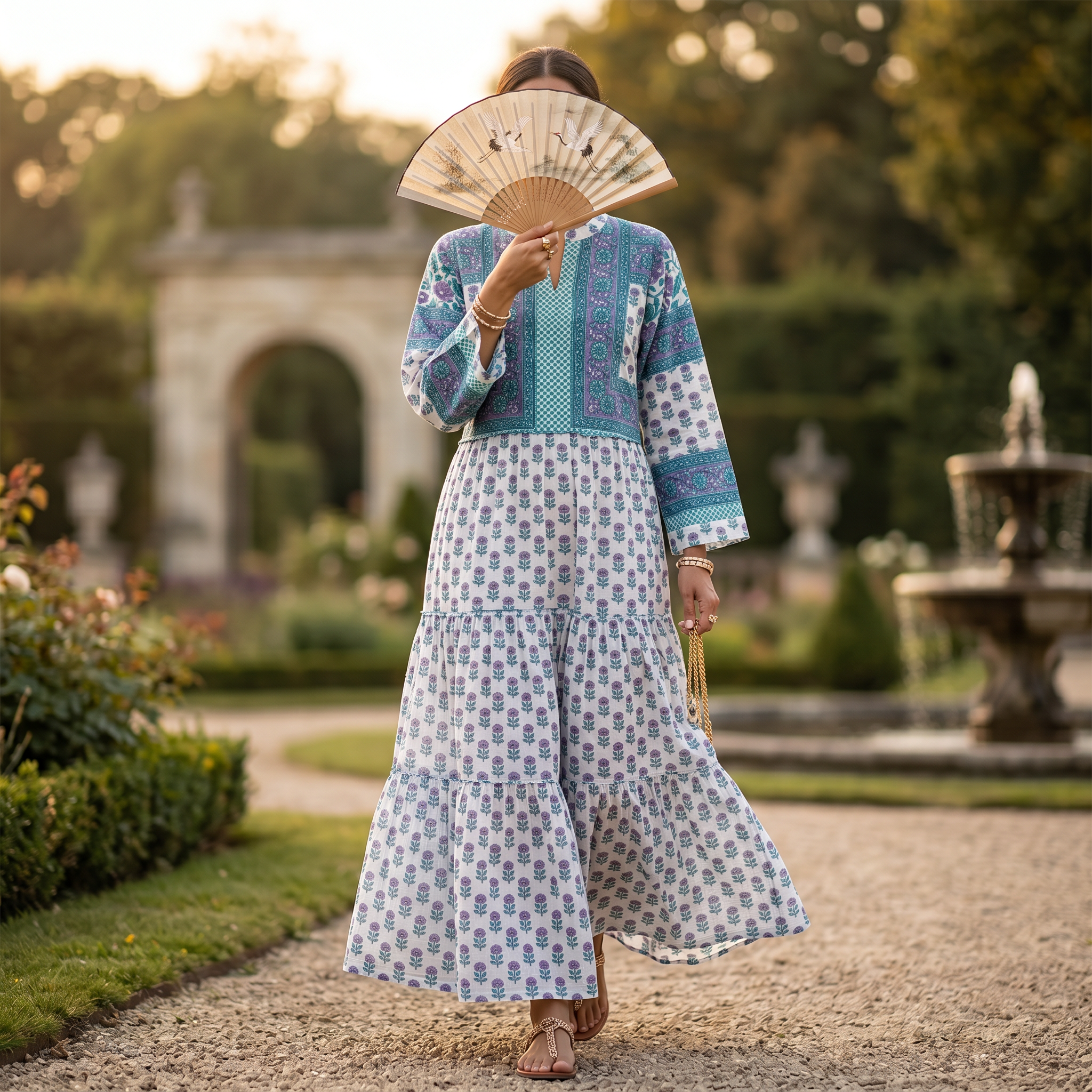 L-XL Afifa Printed Cotton Dress 57" Long Jalabiya