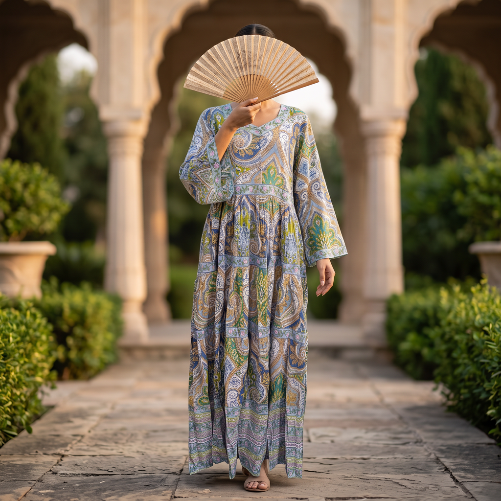 L/XL Crystal Huda Printed Cotton Dress 57" Long Jalabiya TNY 829