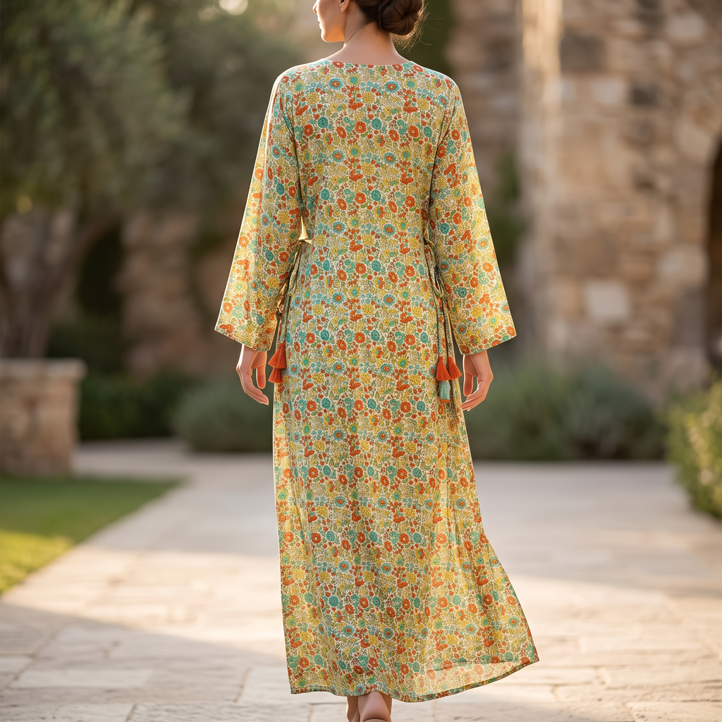 S/M Qifa Silk Crystal  Cotton Printed Dress 57" Long Jalabiya RN 1037
