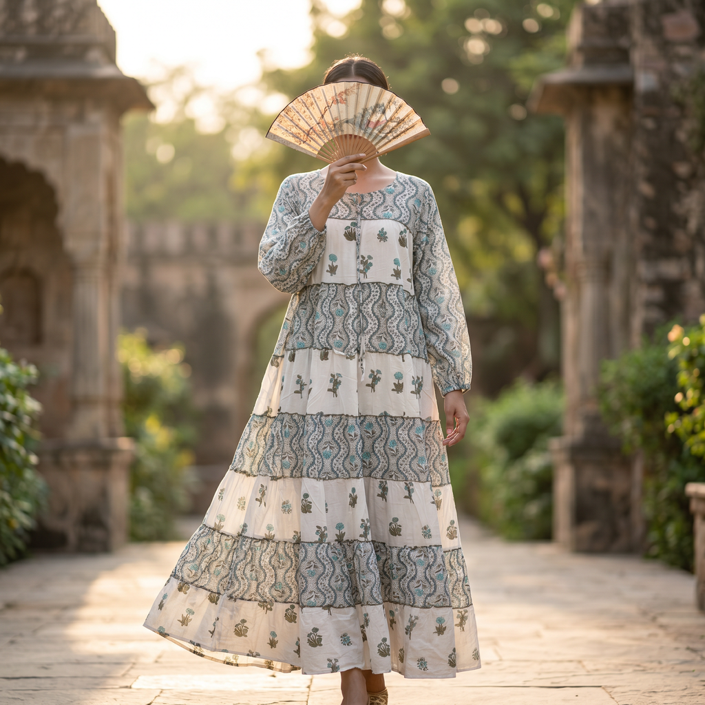 L-XL Bushra Printed Cotton Dress 57" Long Jalabiya