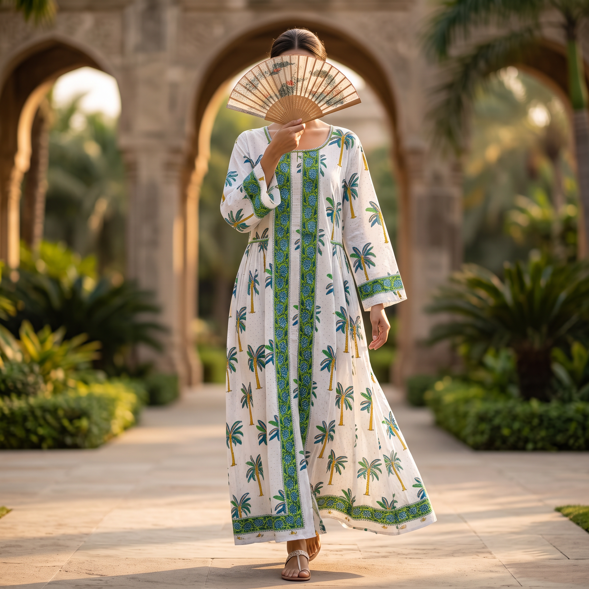 L-XL Crystal Bhopali Printed Cotton Dress 57" Long Jalabiya TNY 825