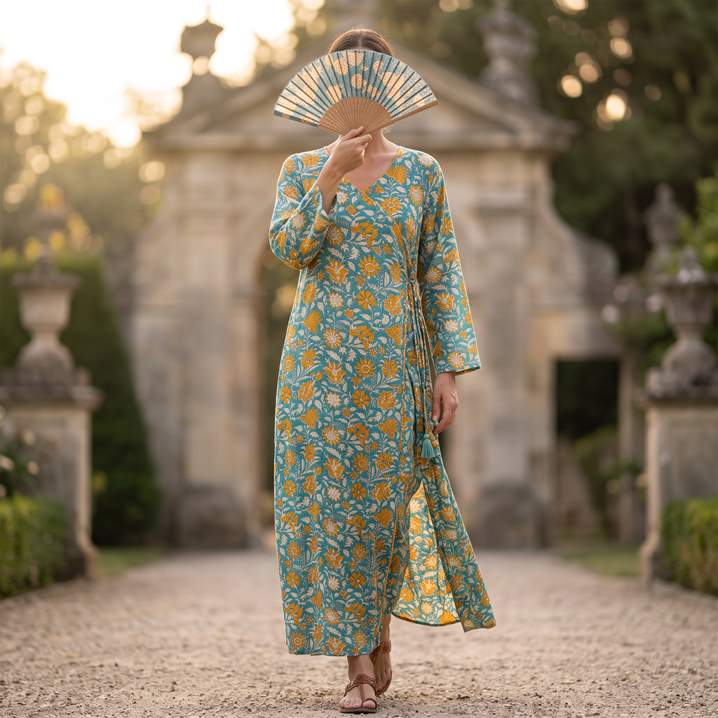 S/M Qifa Silk Crystal  Cotton Printed Dress 57" Long Jalabiya RN 951