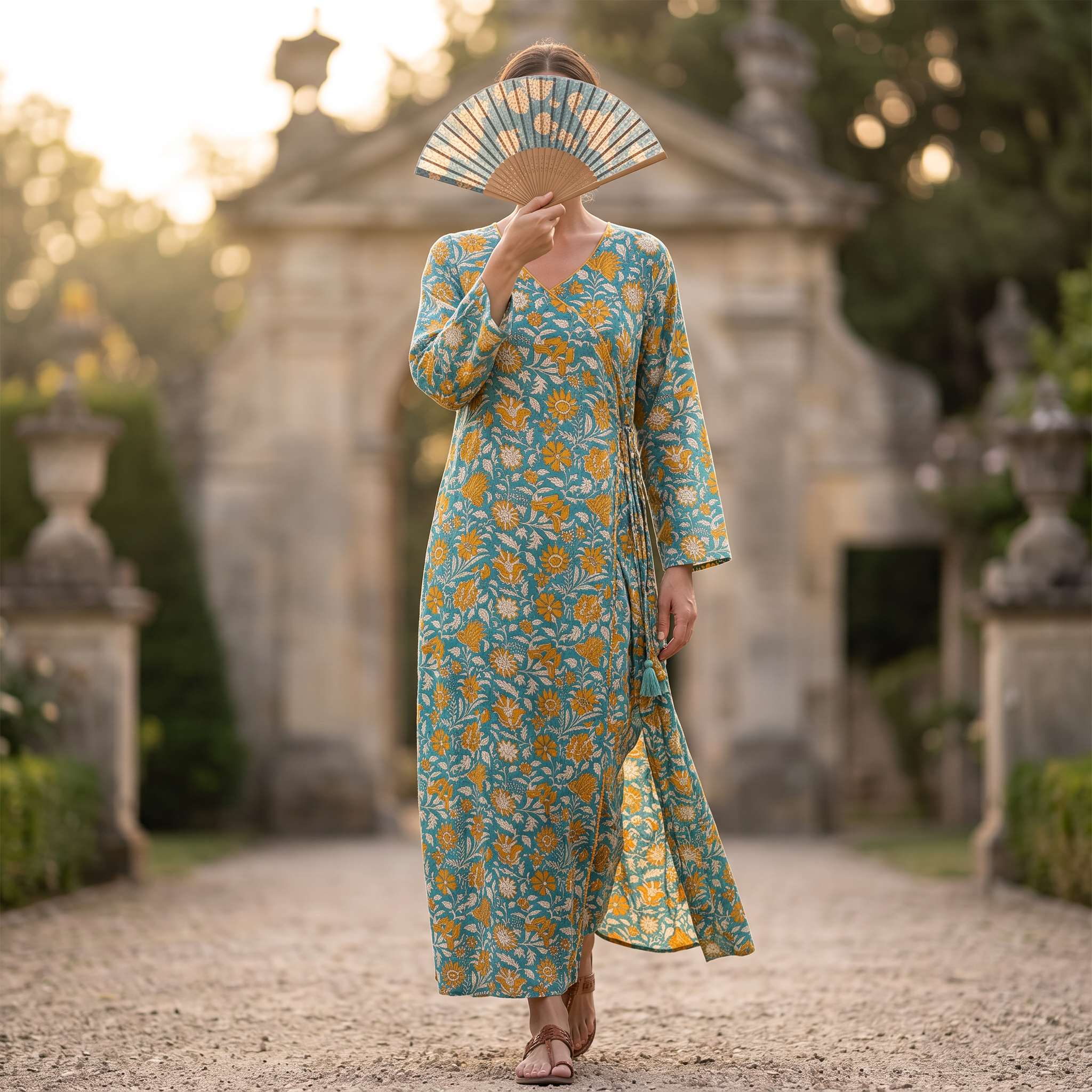 S/M Qifa Silk Crystal  Cotton Printed Dress 57" Long Jalabiya RN 951