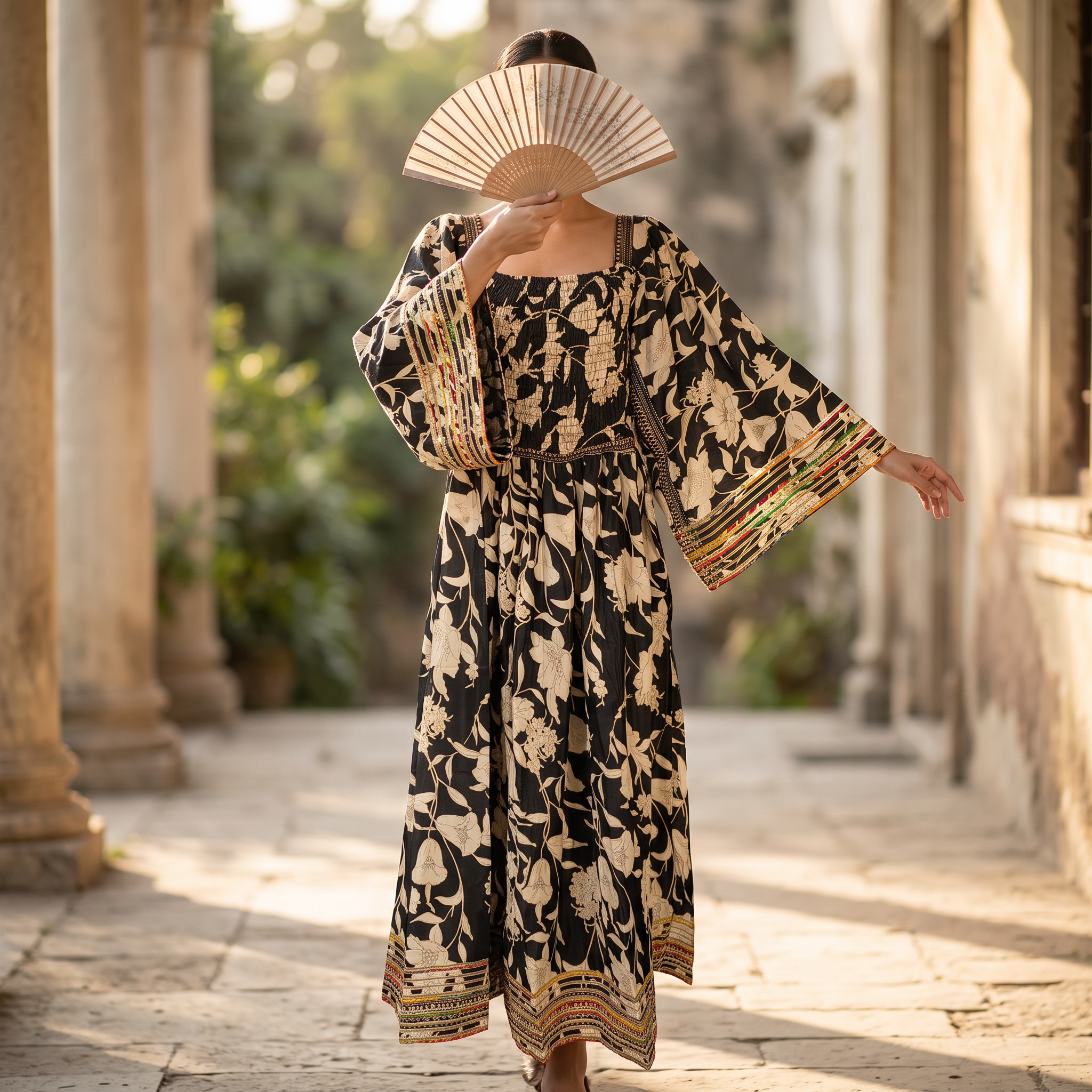 L/XL Elzina Silk Printed Cotton Dress 57" Long Jalabiya RNY 1080