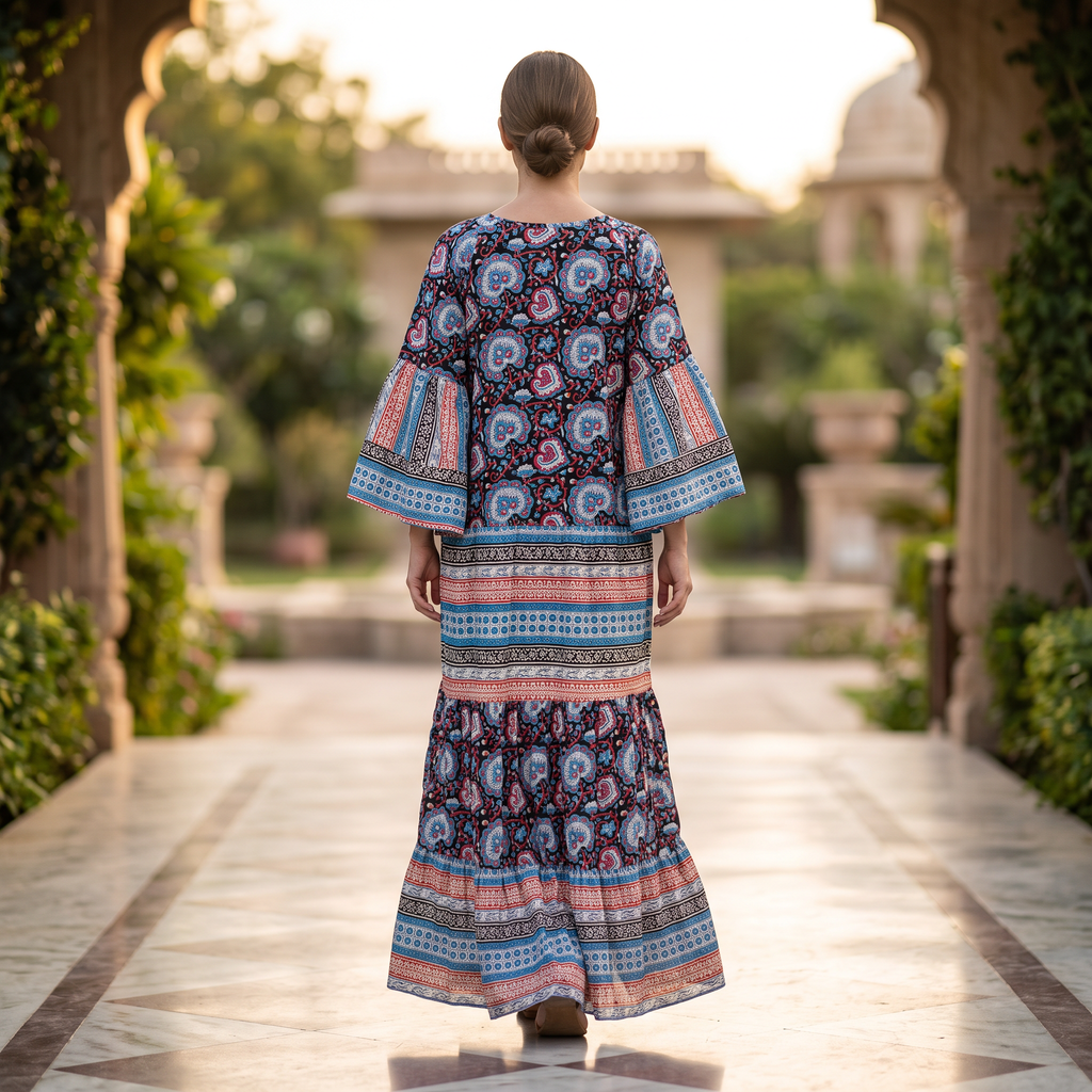 L-XL Gaby Crystal Printed Cotton Dress 57" Long Jalabiya RN 989