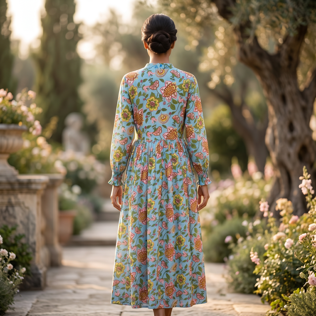 S/M Fahima Printed Cotton 3 Pcs Dress 57" Long Jalabiya RN 1012