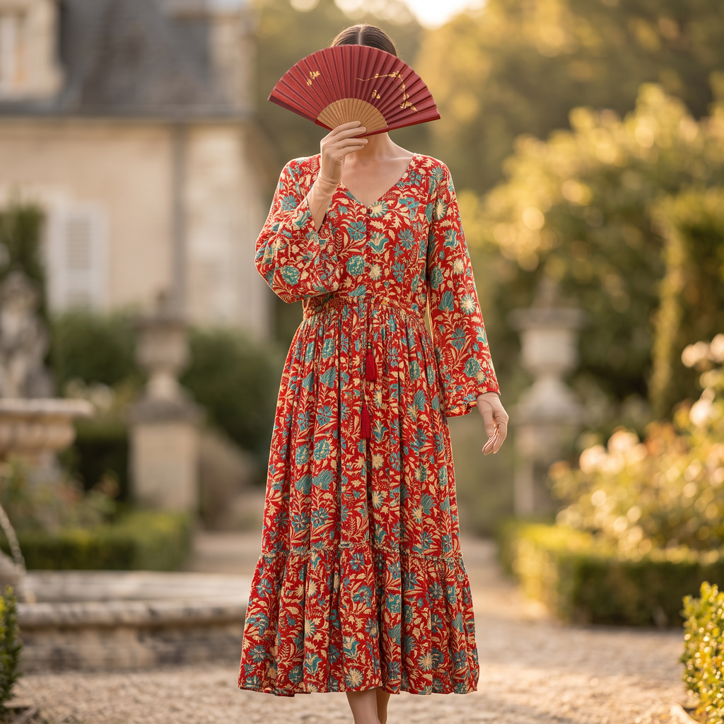 L/XL Ari  Silk Crystal Printed Cotton Dress 57" Long Jalabiya RN 952