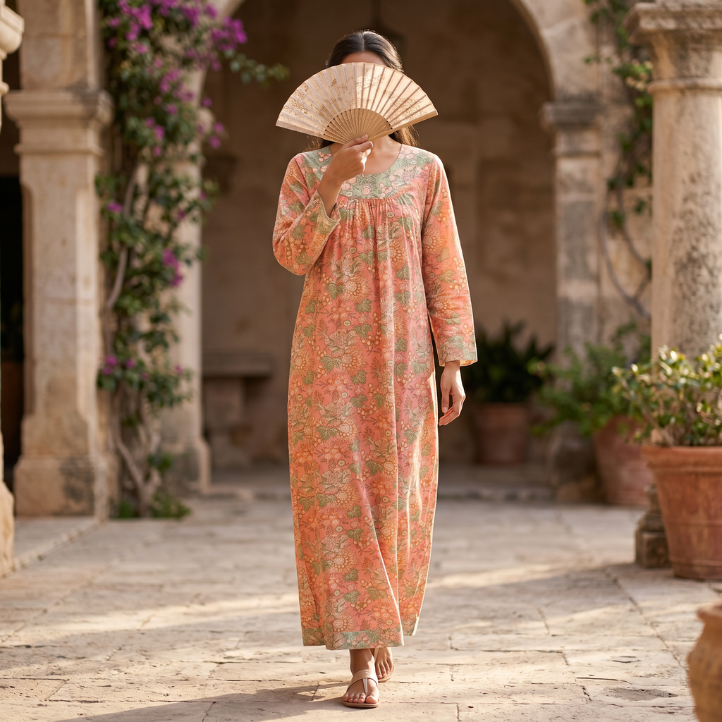 S-M Lara Printed Cotton Dress 57" Long Jalabiya TN 280