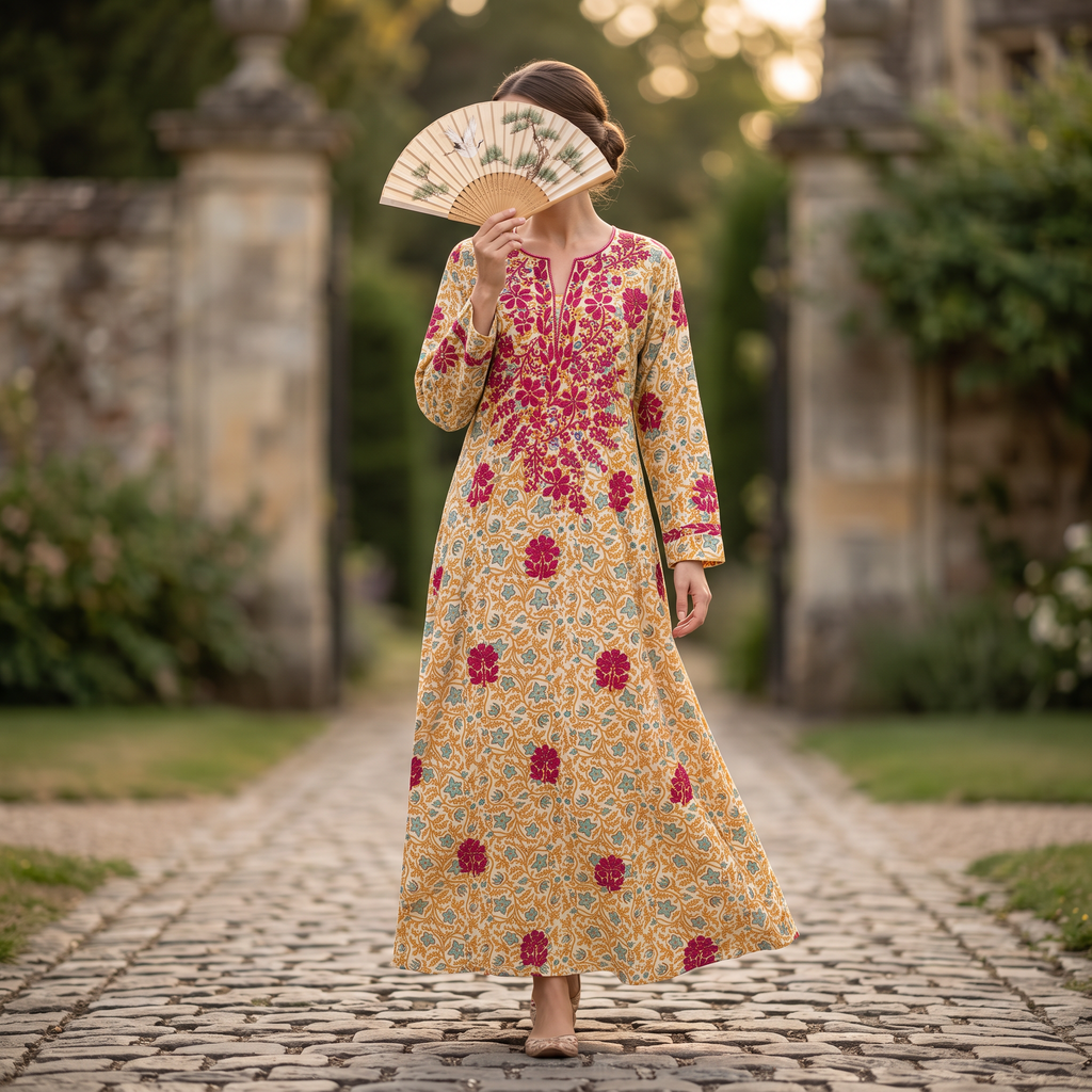 L-XL Sofi Embroidery  Printed Cotton Dress 57" Long Jalabiya RN 919