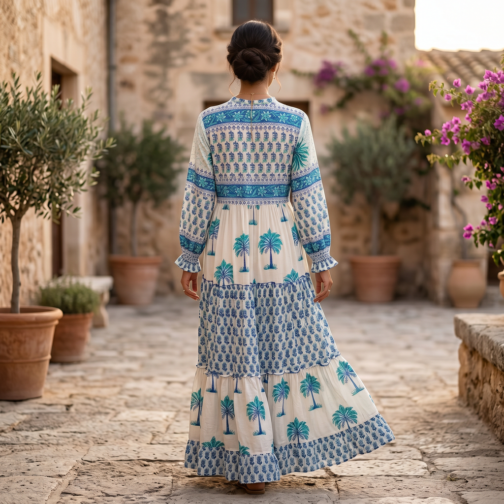 L-XL Afifa Printed Cotton Dress 57" Long Jalabiya