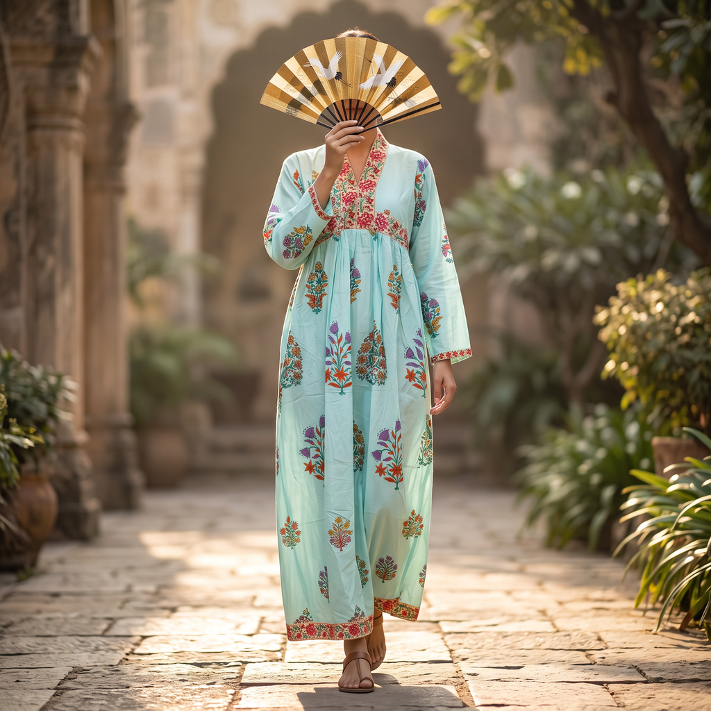 L/XL  Nida  Printed Cotton Dress 57" Long Jalabiya RNY 1086