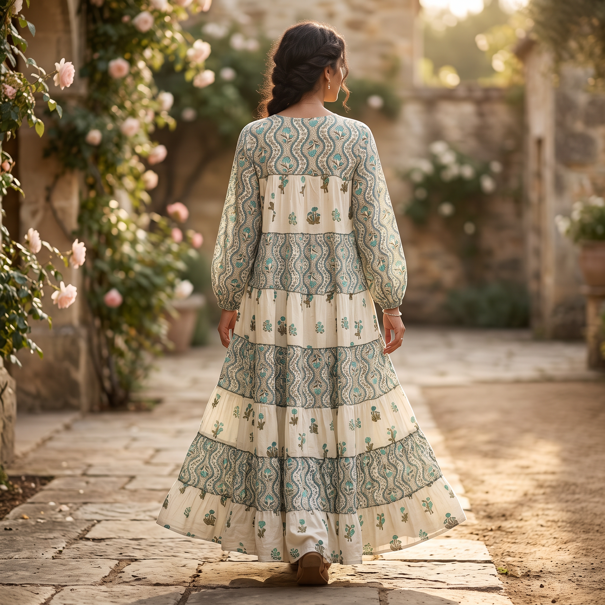 S-M Bushra Printed Cotton Dress 57" Long Jalabiya  RN 1017