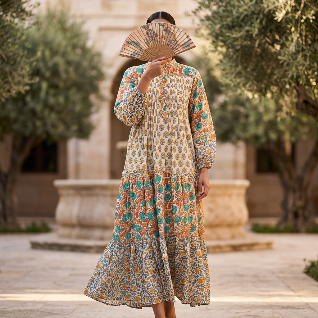 L-XL Elle Printed Cotton Dress 57" Long Jalabiya RNY 1066
