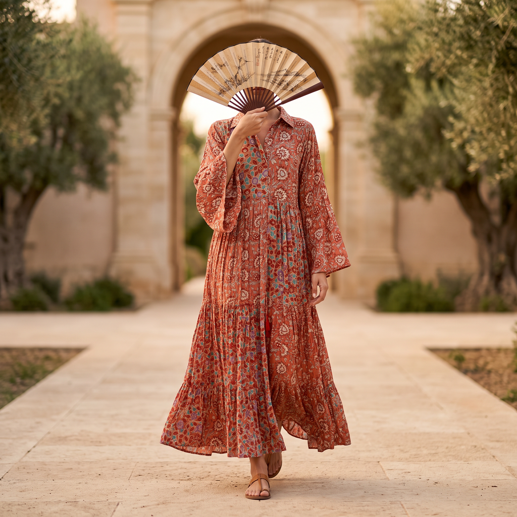 S-M Fatim Printed Cotton Dress 57" Long Jalabiya RN 925