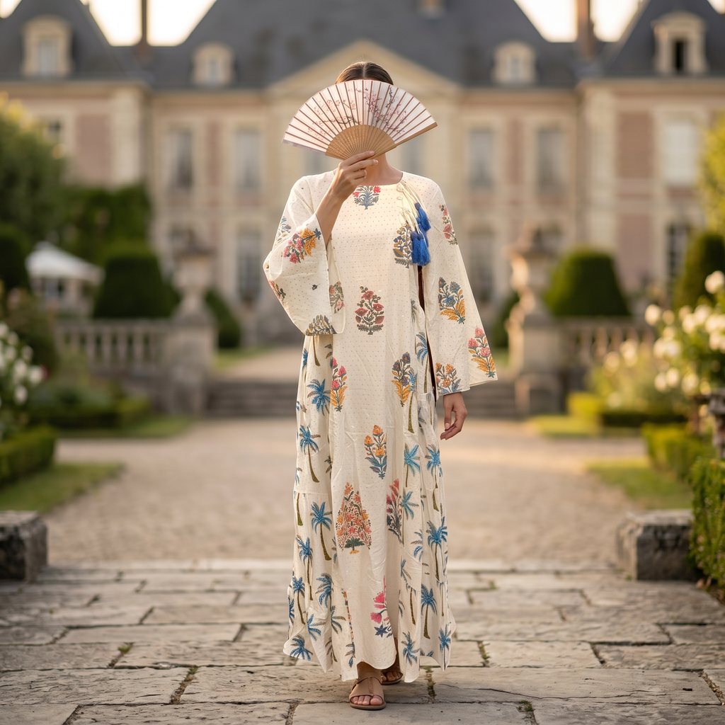 S-M Cinderella Crystal Printed Cotton Dress 57" Long Jalabiya