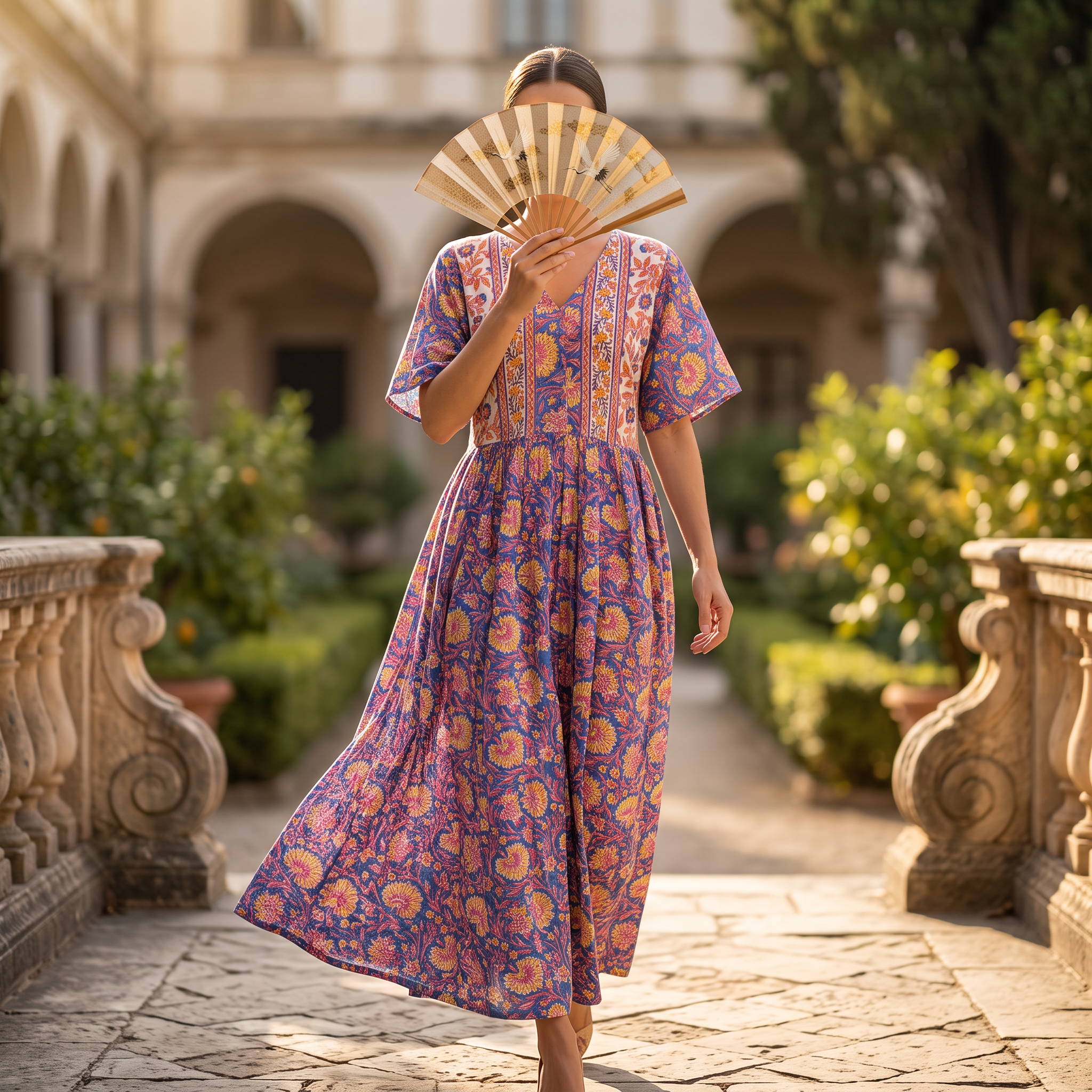 S/M Rahaf Crystal Printed Cotton Dress 57" Long Jalabiya  TNY 817