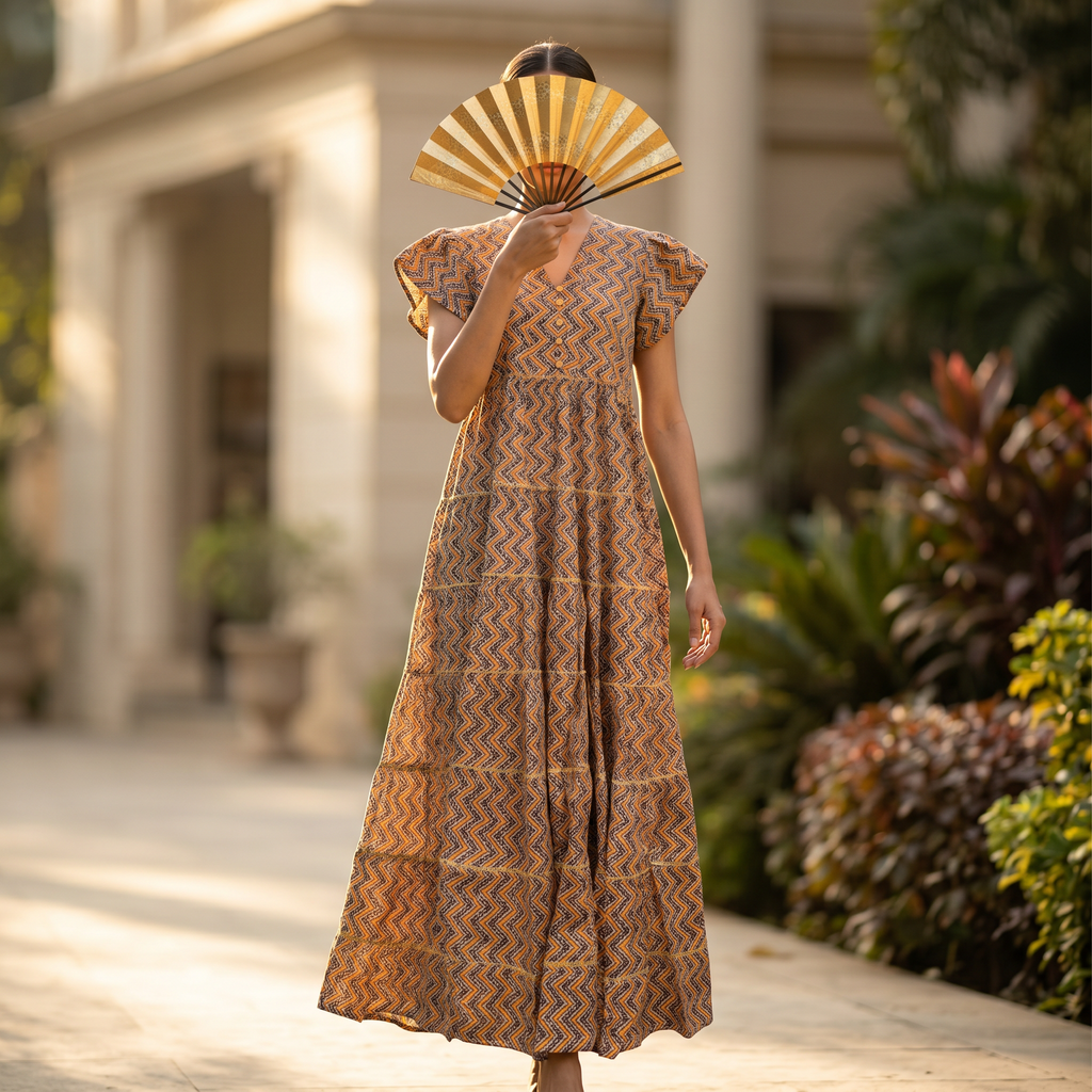 S-M Qamar Printed Cotton Dress 57" Long Jalabiya