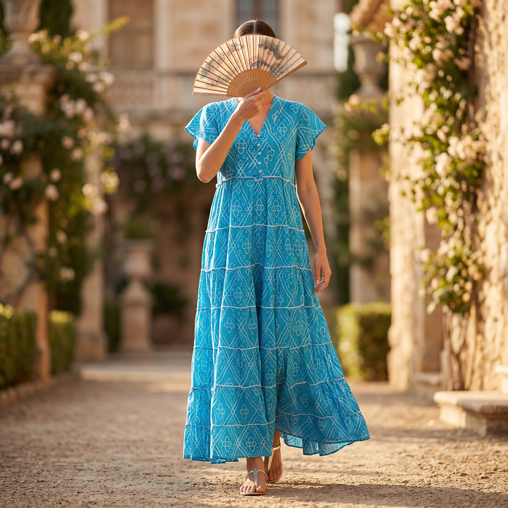 L-XL Qamar Printed Cotton Dress 57" Long Jalabiya RN 1008