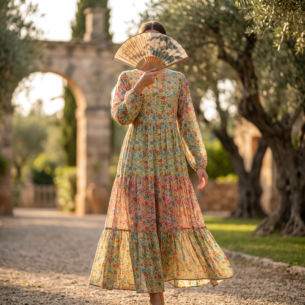 S/M Juhi Silk Crystal  Cotton Printed Dress 57" Long Jalabiya RN 1040