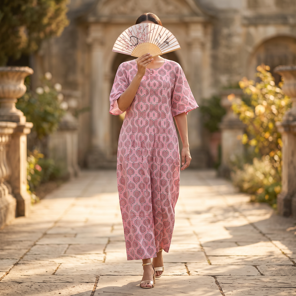 S-M Nahla Crystal Printed Cotton Dress 57" Long Jalabiya TNY 874