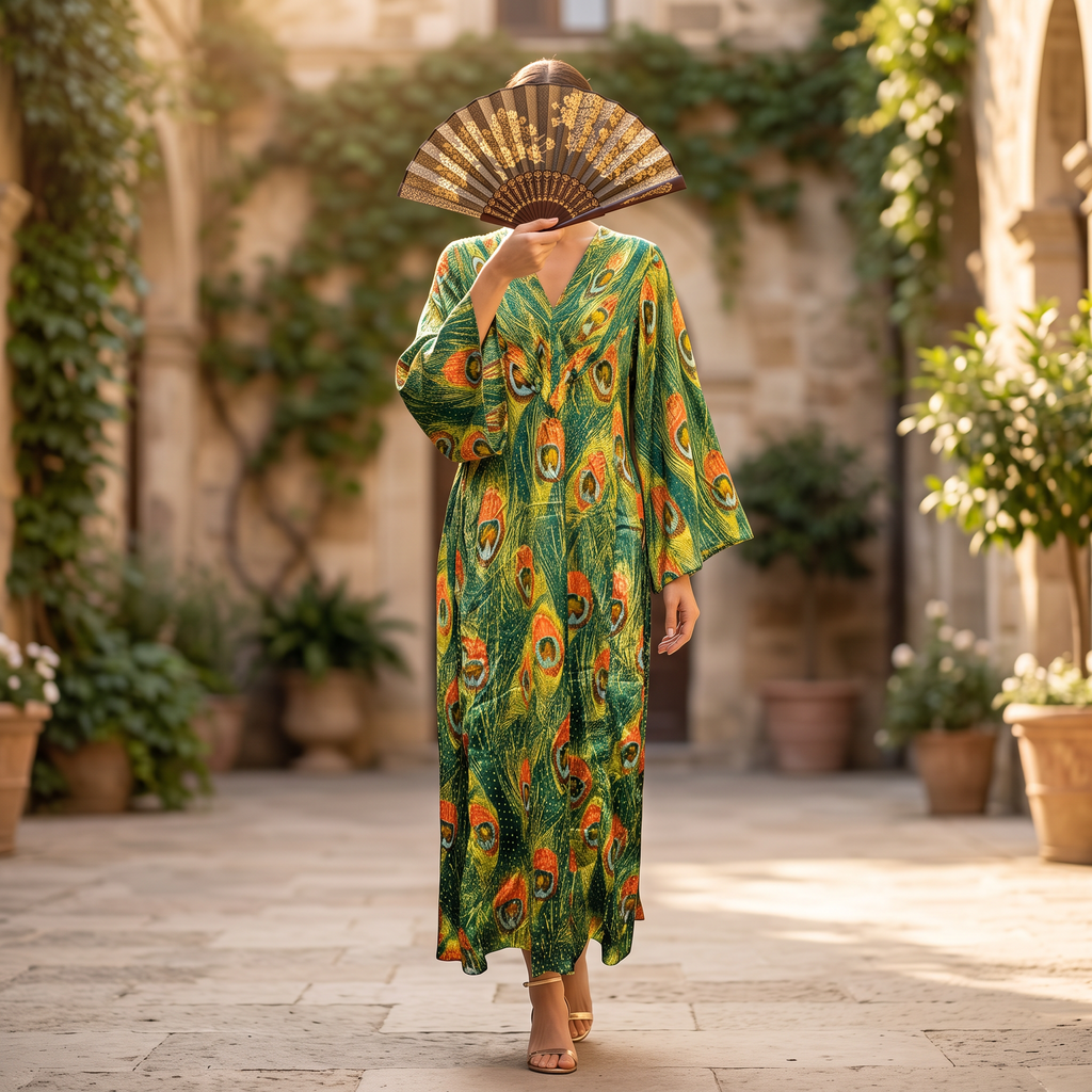 S-M Anisa  Silk Crystal Printed Cotton Dress 57" Long Jalabiya RN 945