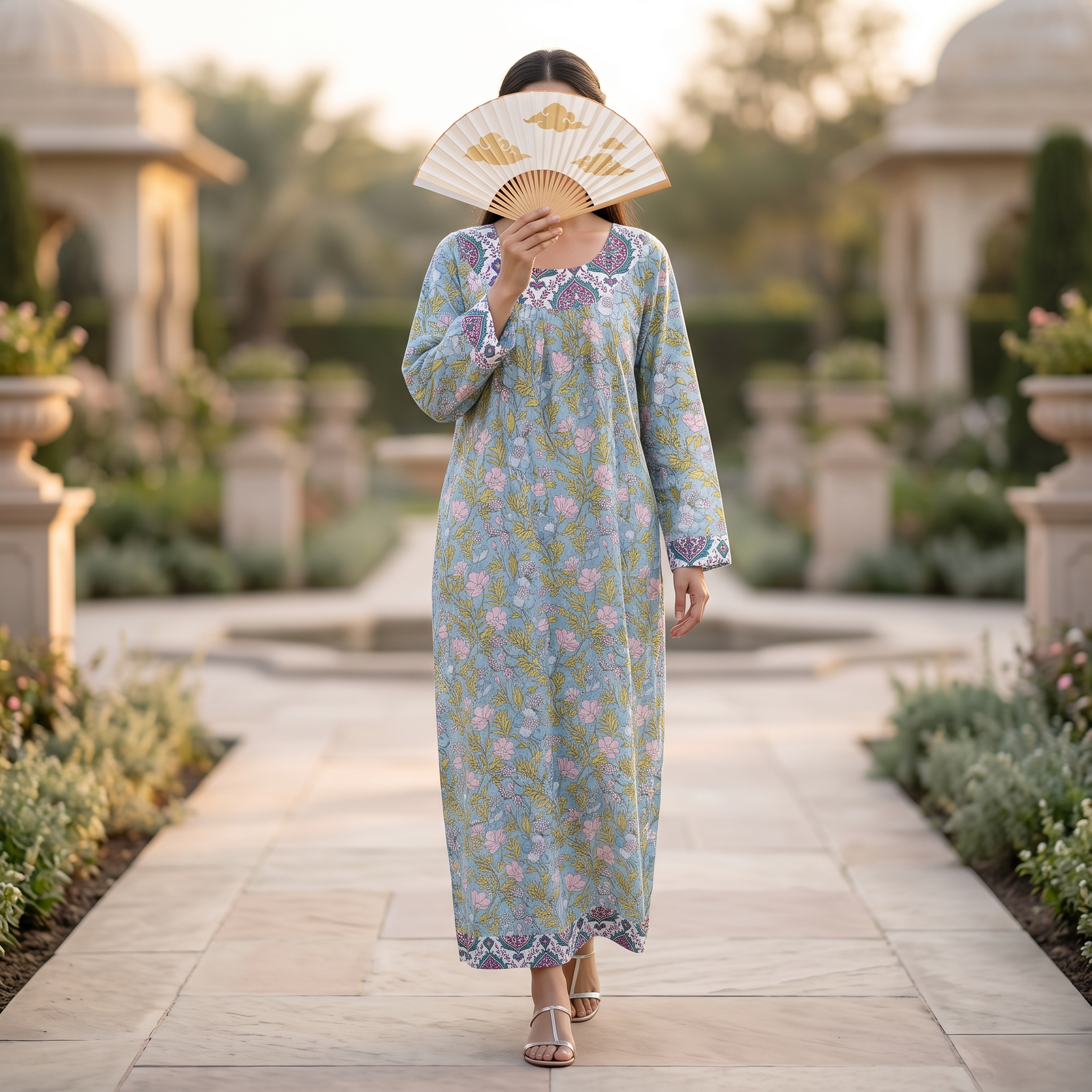 L/XL Crystal Noorain Printed Cotton Dress 57" Long Jalabiya TNY 875