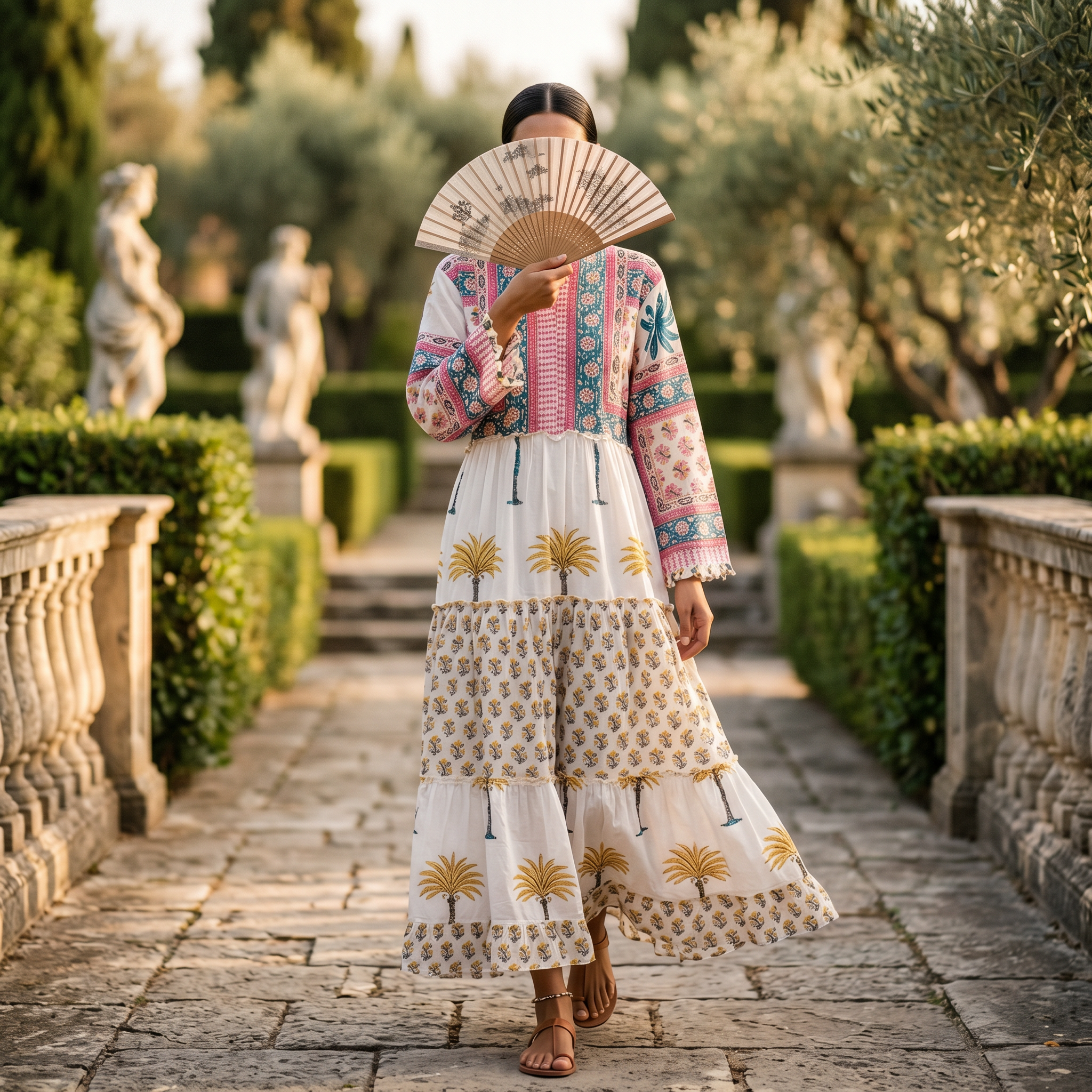 L-XL Afifa Printed Cotton Dress 57" Long Jalabiya