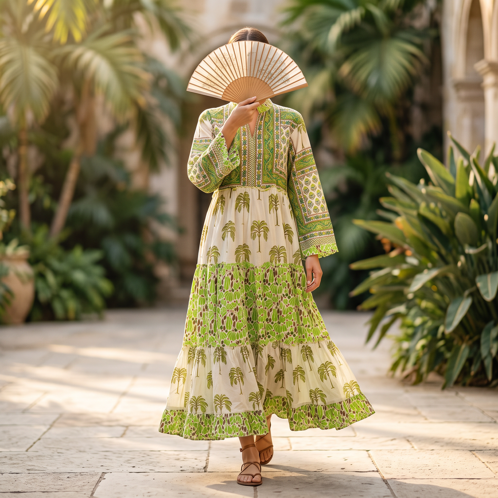 L-XL Afifa Printed Cotton Dress 57" Long Jalabiya RN 1015