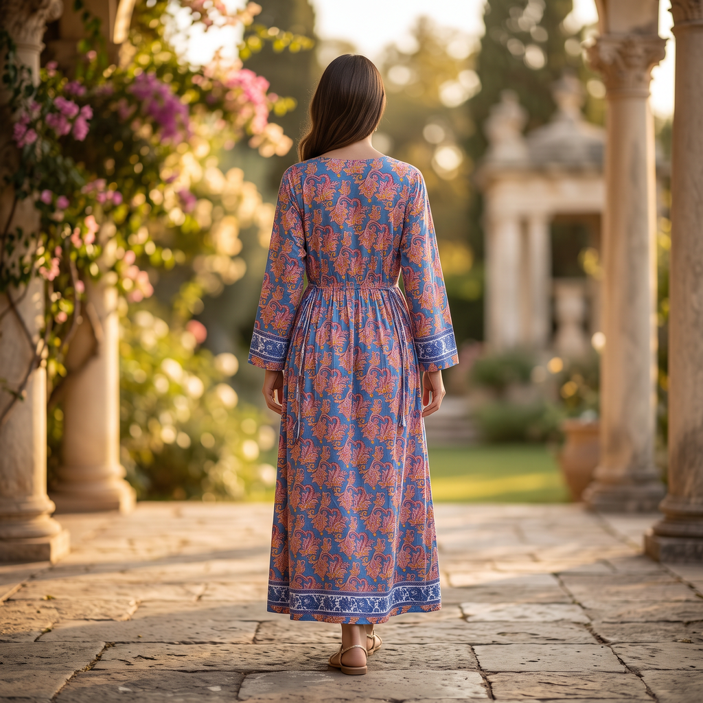 L-XL Crystal Bhopali Printed Cotton Dress 57" Long Jalabiya TNY 832
