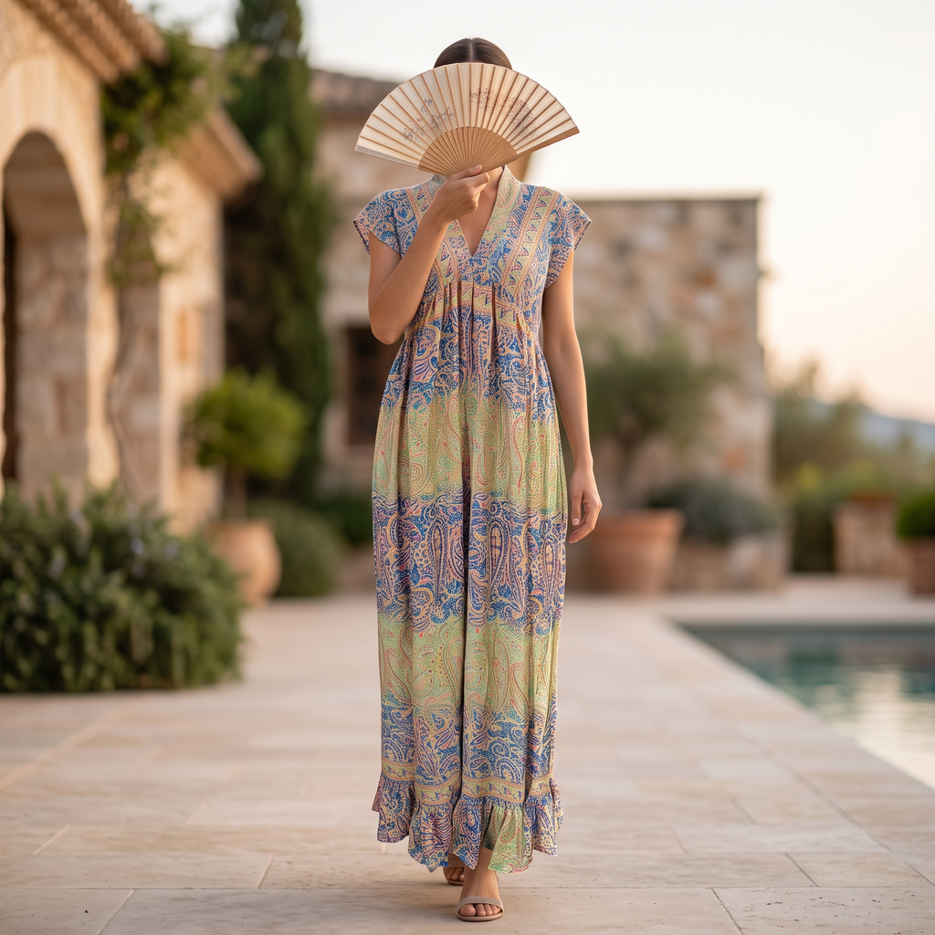 S-M Amani Printed Poly Silk Dress 57" Long Jalabiya RN 918