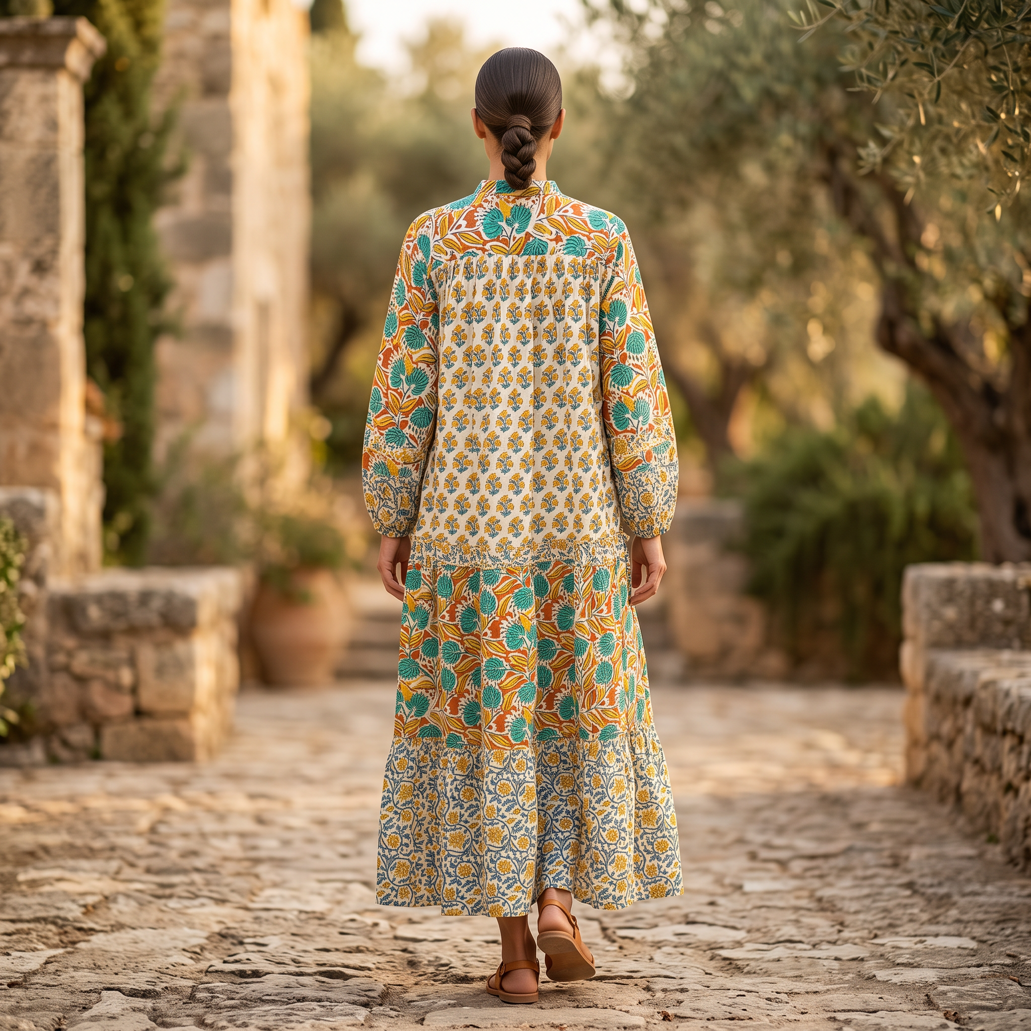 L-XL Elle Printed Cotton Dress 57" Long Jalabiya RNY 1065