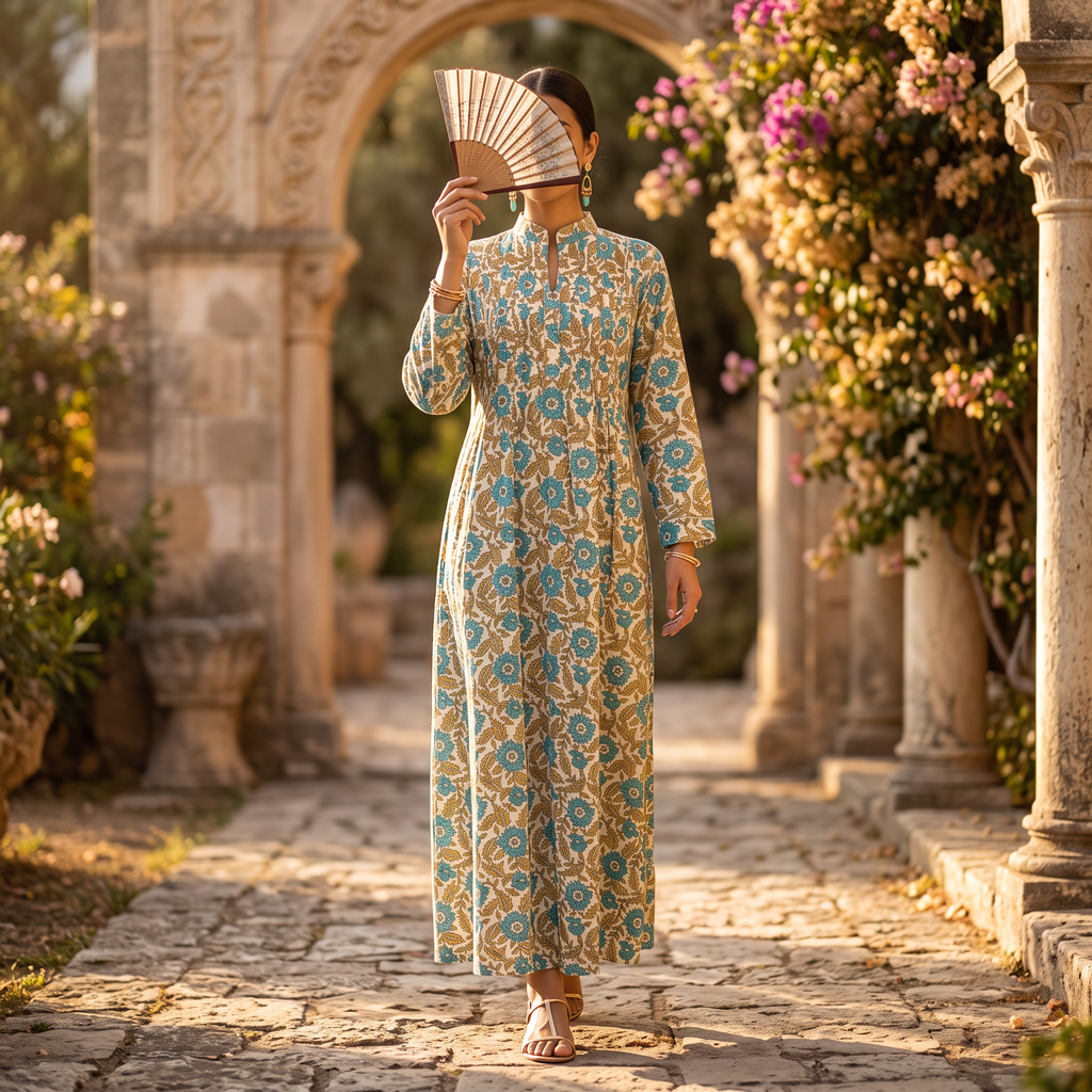 L/XL Afra Printed Cotton Dress 57" Long Jalabiya RN 1021