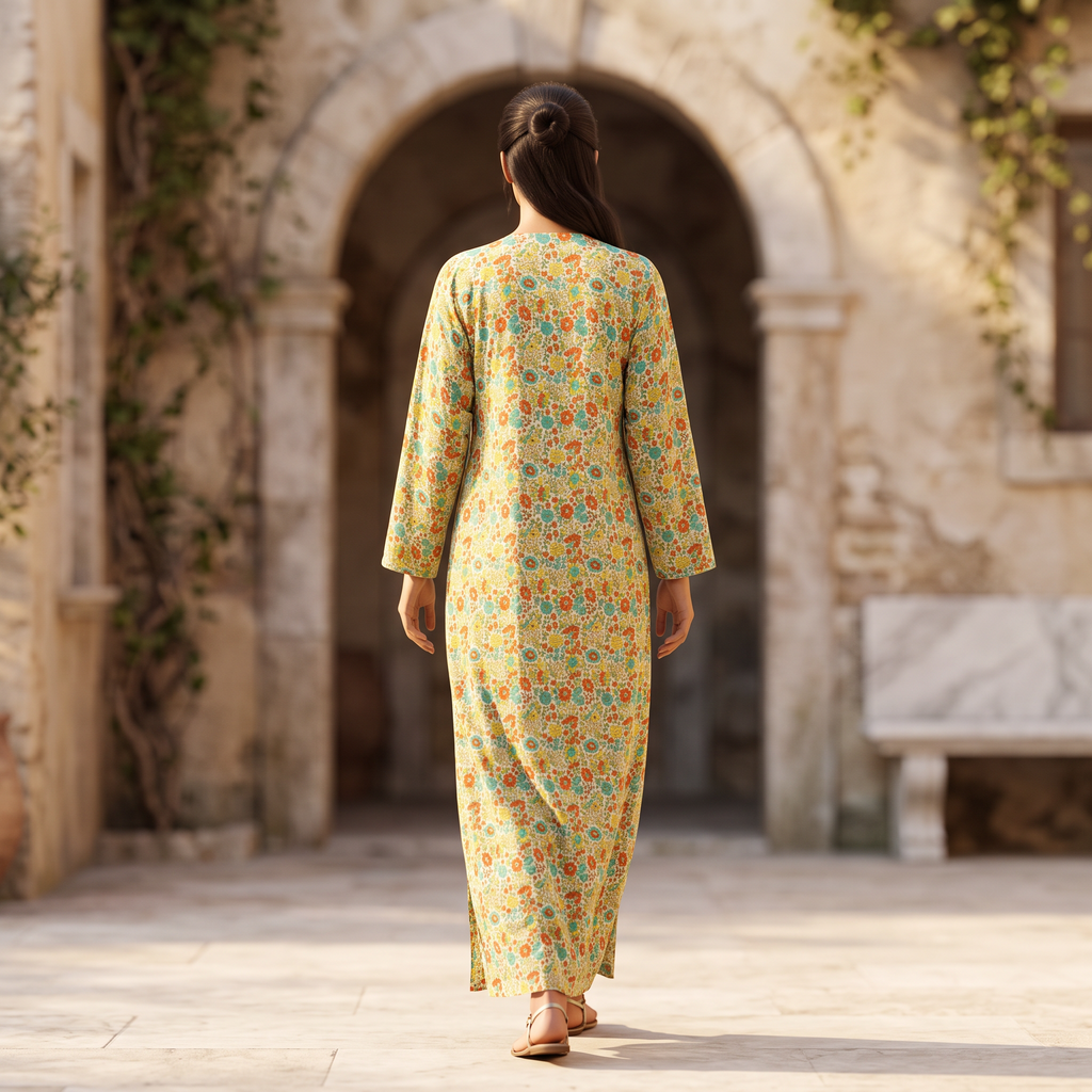 S/M Qifa Silk Crystal  Cotton Printed Dress 57" Long Jalabiya RNY 1069