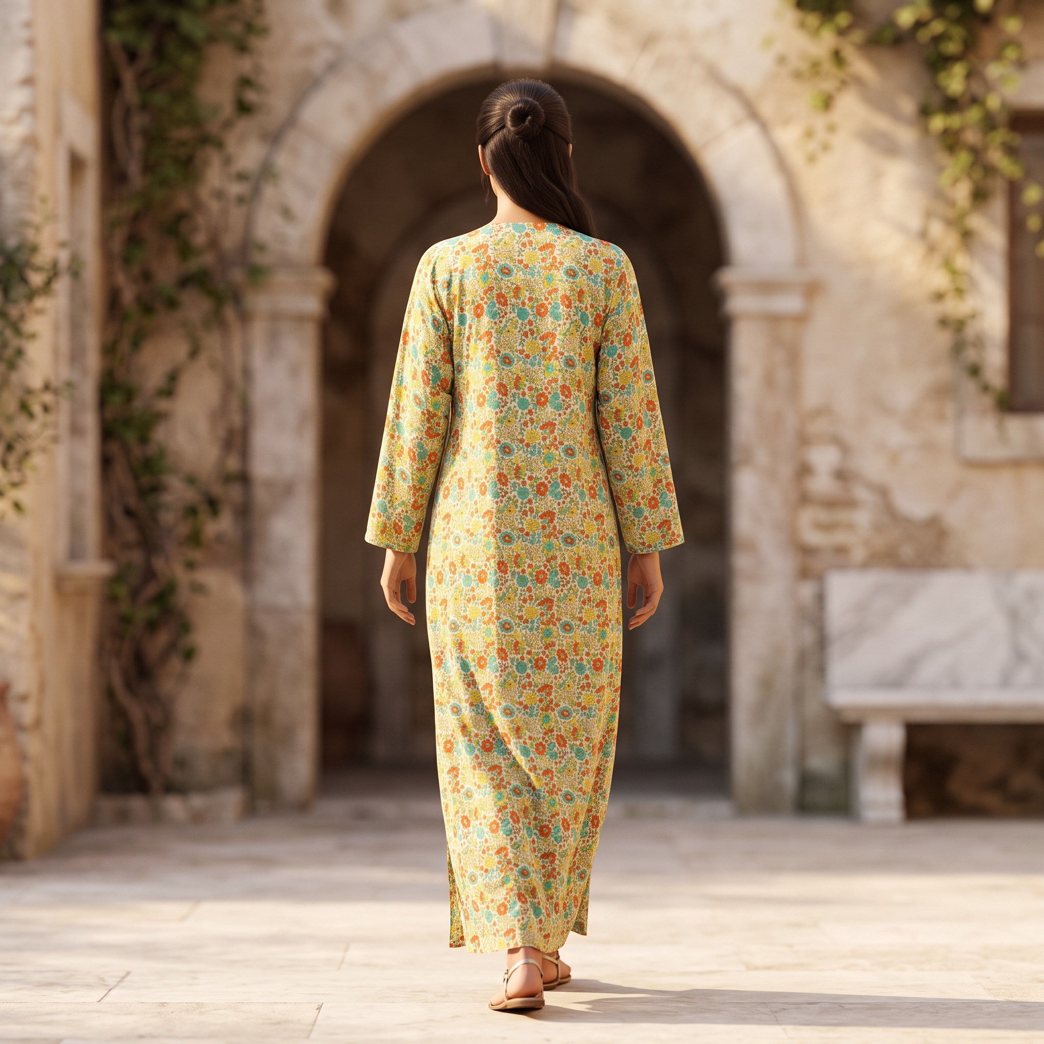 S/M Qifa Silk Crystal  Cotton Printed Dress 57" Long Jalabiya RNY 1069