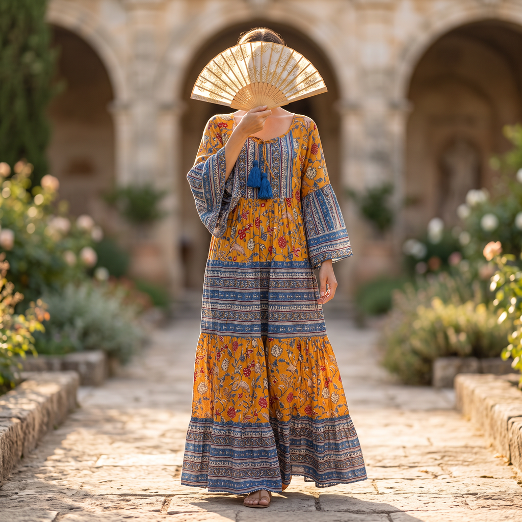 L-XL Gaby Crystal Printed Cotton Dress 57" Long Jalabiya RN 1039