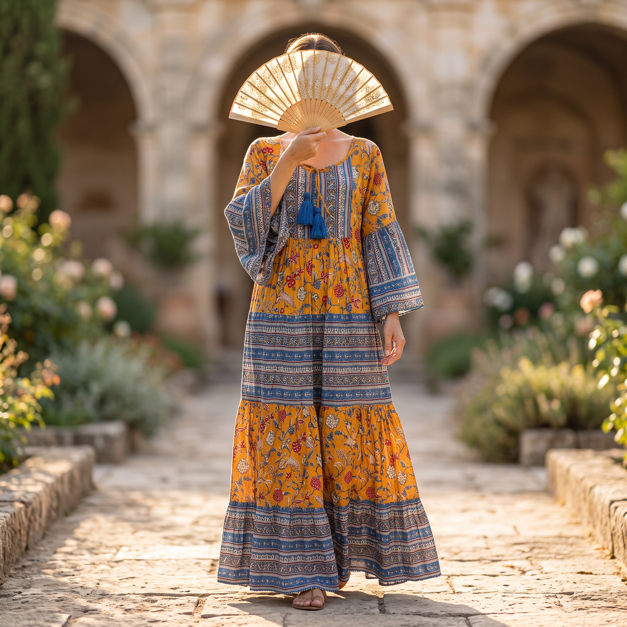 L-XL Gaby Crystal Printed Cotton Dress 57" Long Jalabiya RN 1039