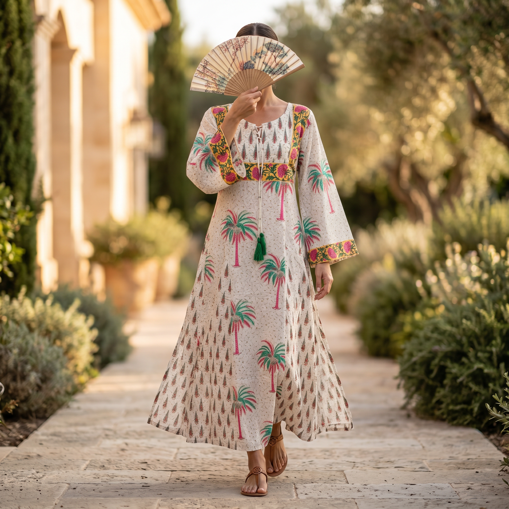 XS-S Anaya Crystal Printed Cotton Dress 54" Long Jalabiya