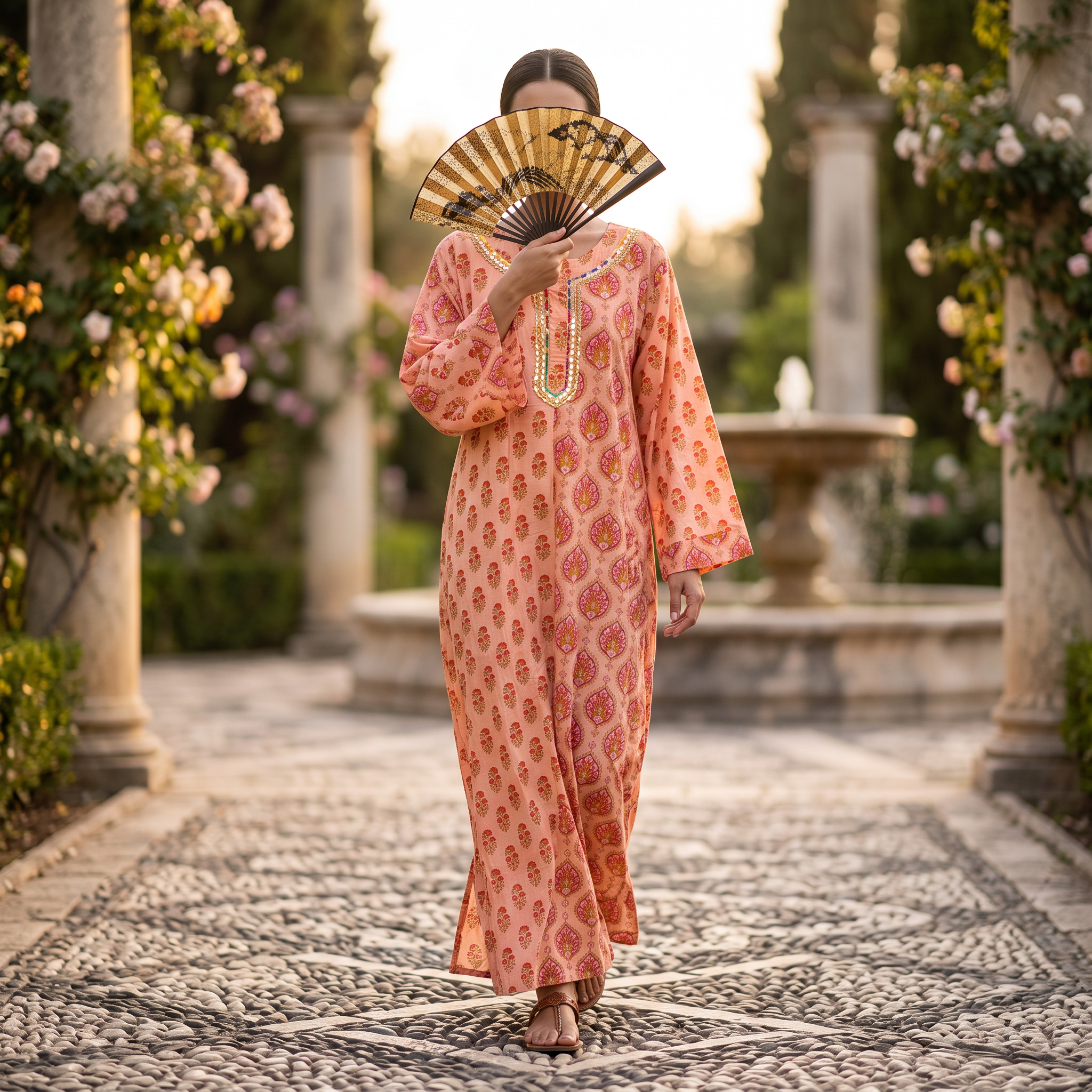 L/XL Noorain  Printed Cotton Dress 57" Long Jalabiya TNY 736