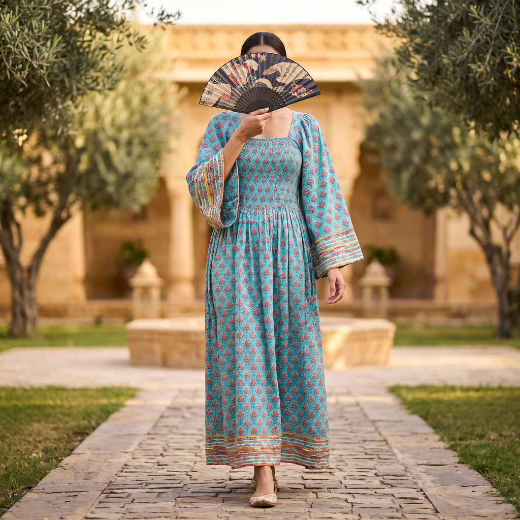 XS-S Rahima Printed Cotton Dress 54" Long Jalabiya RN 988