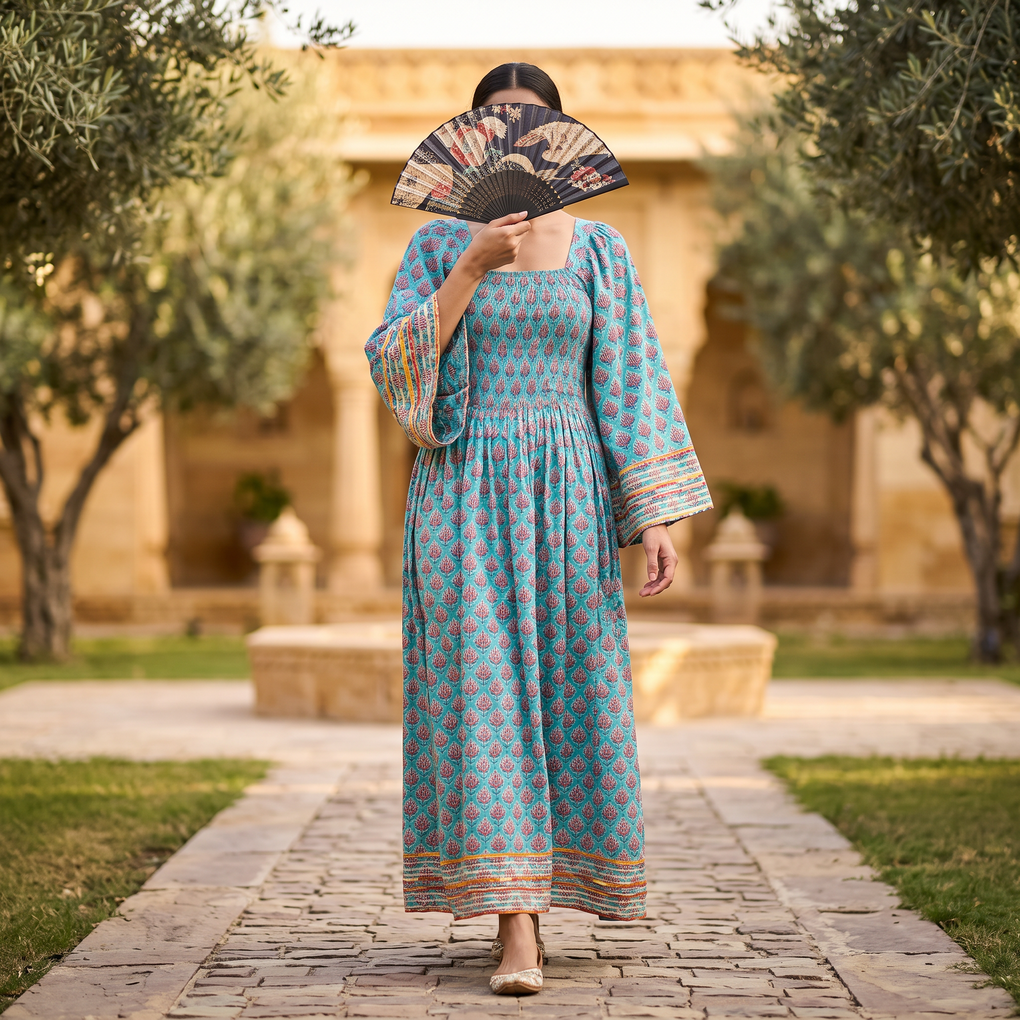 XS-S Rahima Printed Cotton Dress 54" Long Jalabiya RN 988