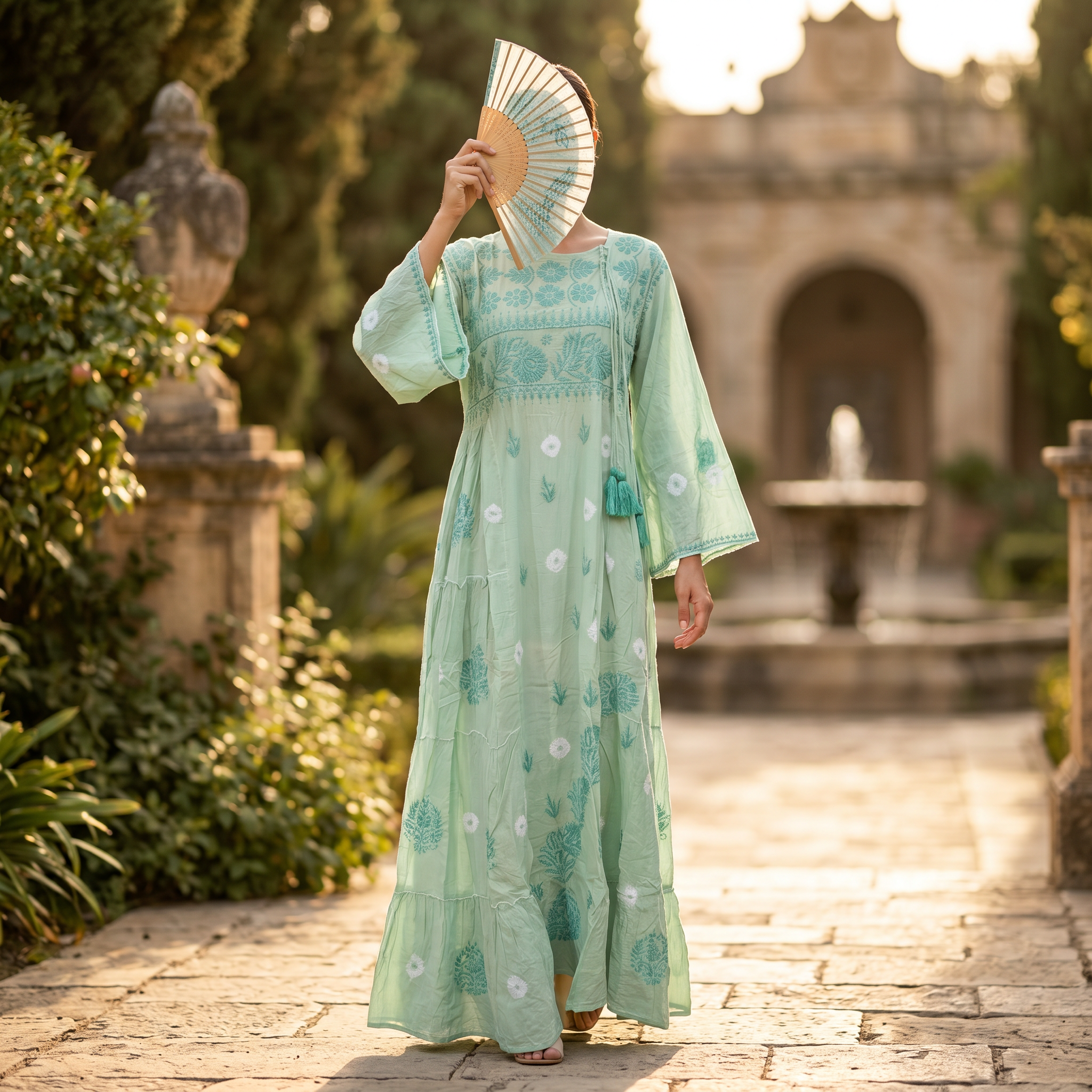 S-M Cinderella embroidery Printed Cotton Dress 57" Long Jalabiya