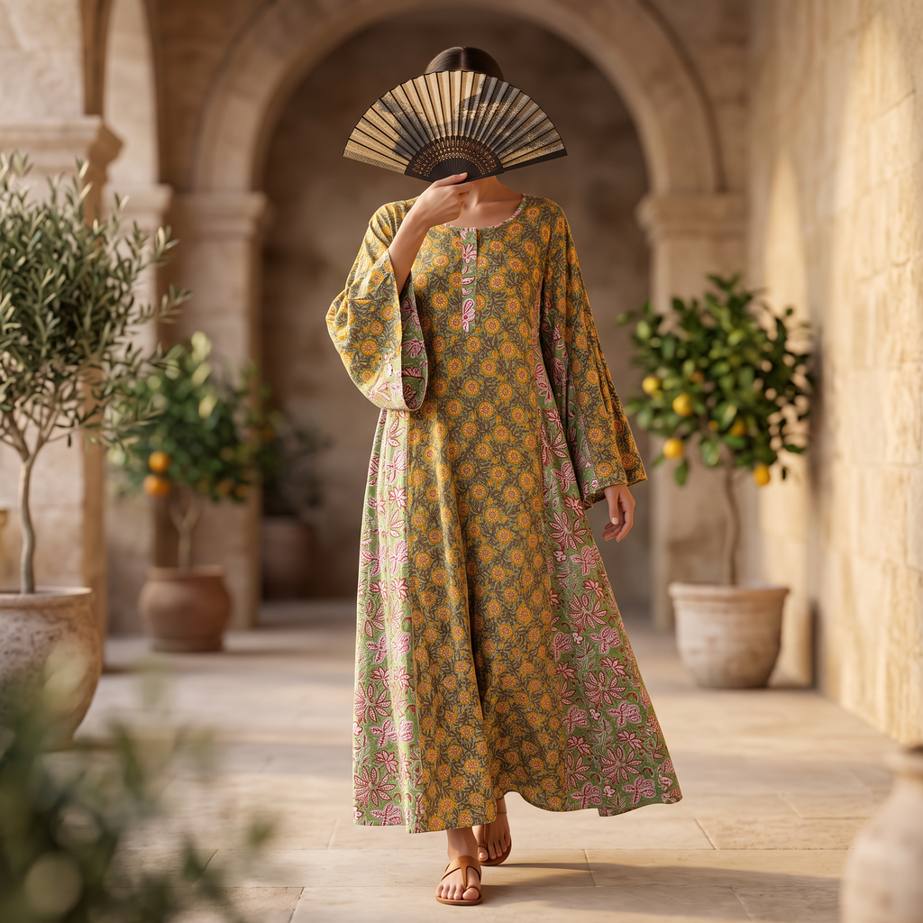 L/XL Mahdis Printed Cotton Dress 57" Long Jalabiya TNY 727