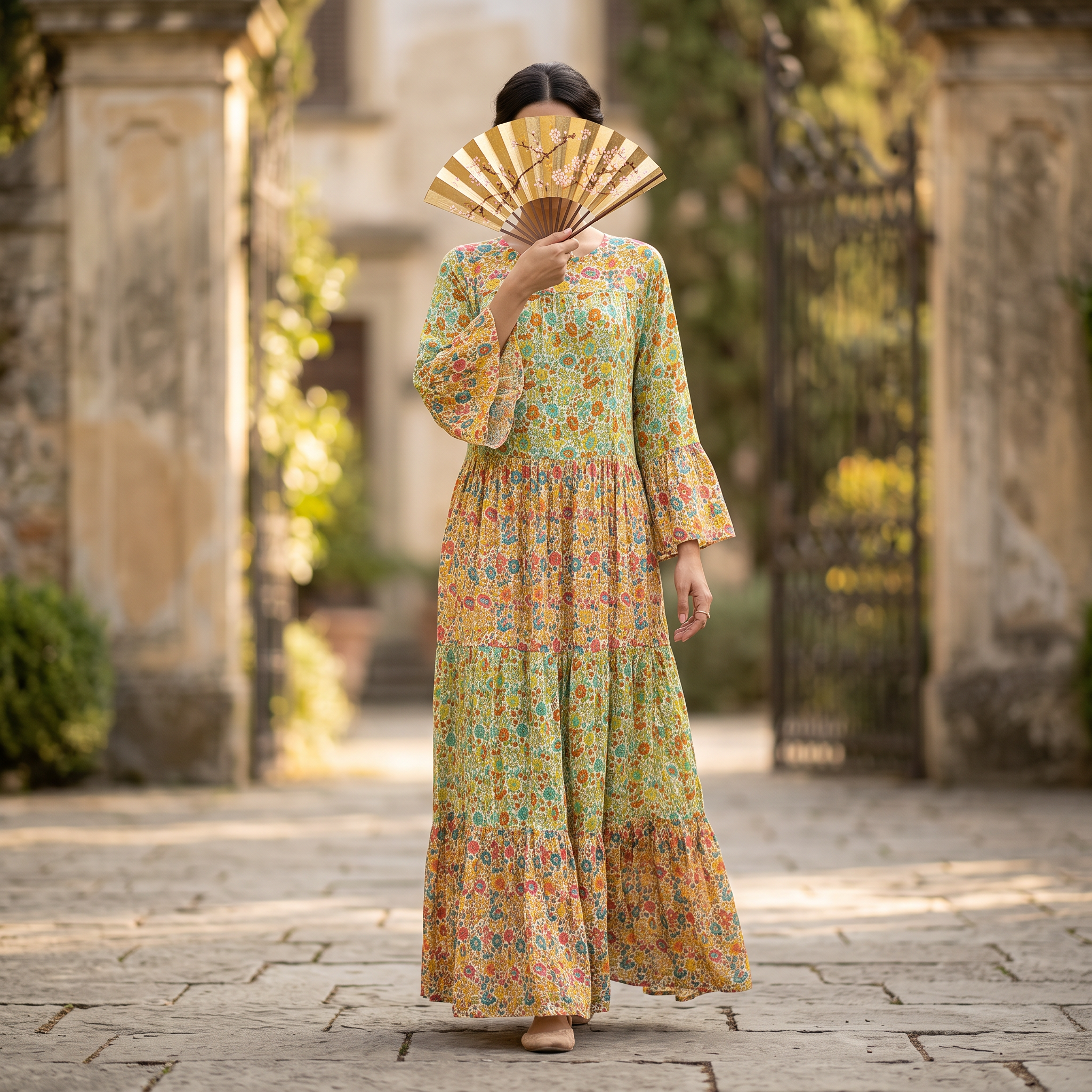 S/M Moon Slik Crystal Printed Cotton Dress 57" Long Jalabiya RNY 1097
