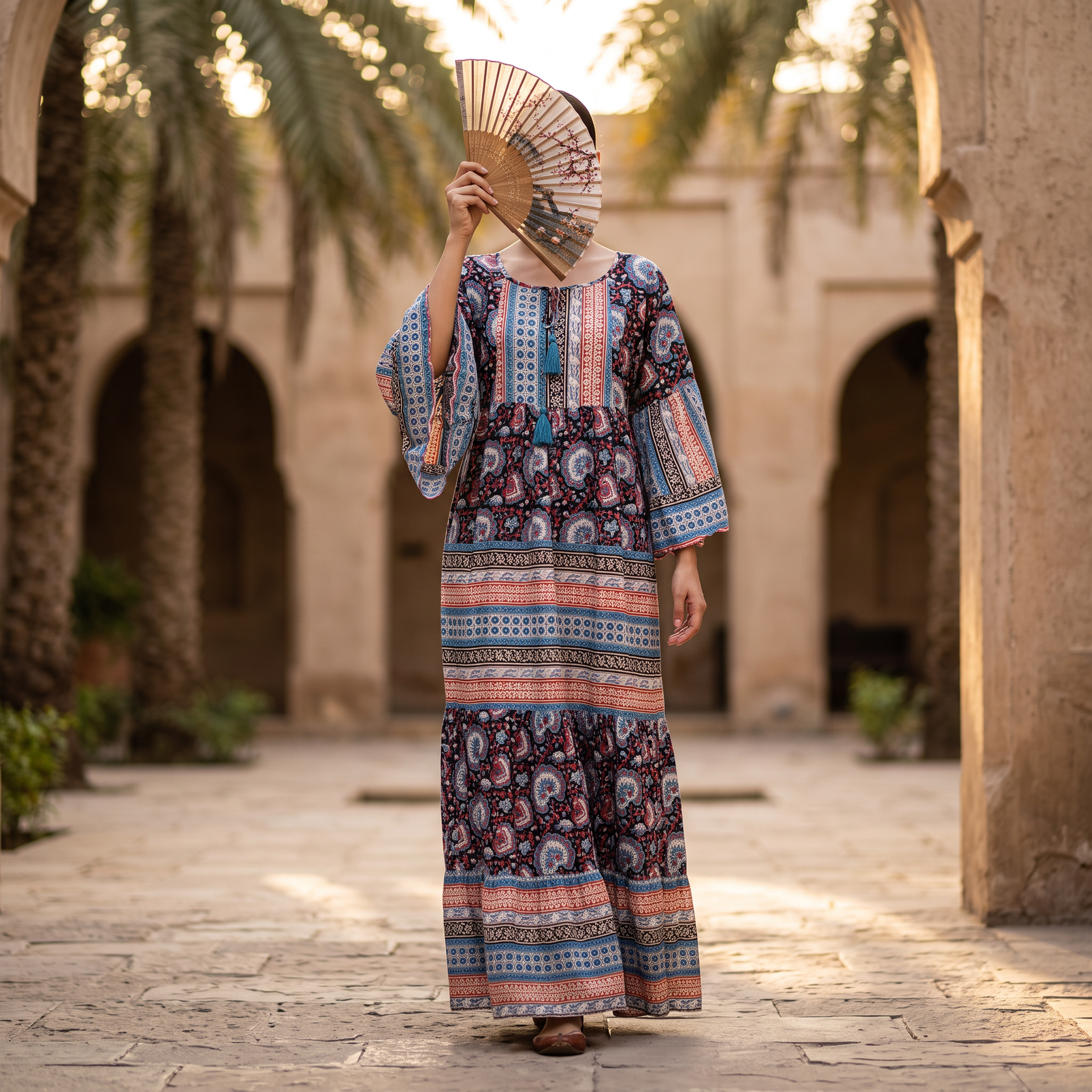 L-XL Gaby Crystal Printed Cotton Dress 57" Long Jalabiya RN 989