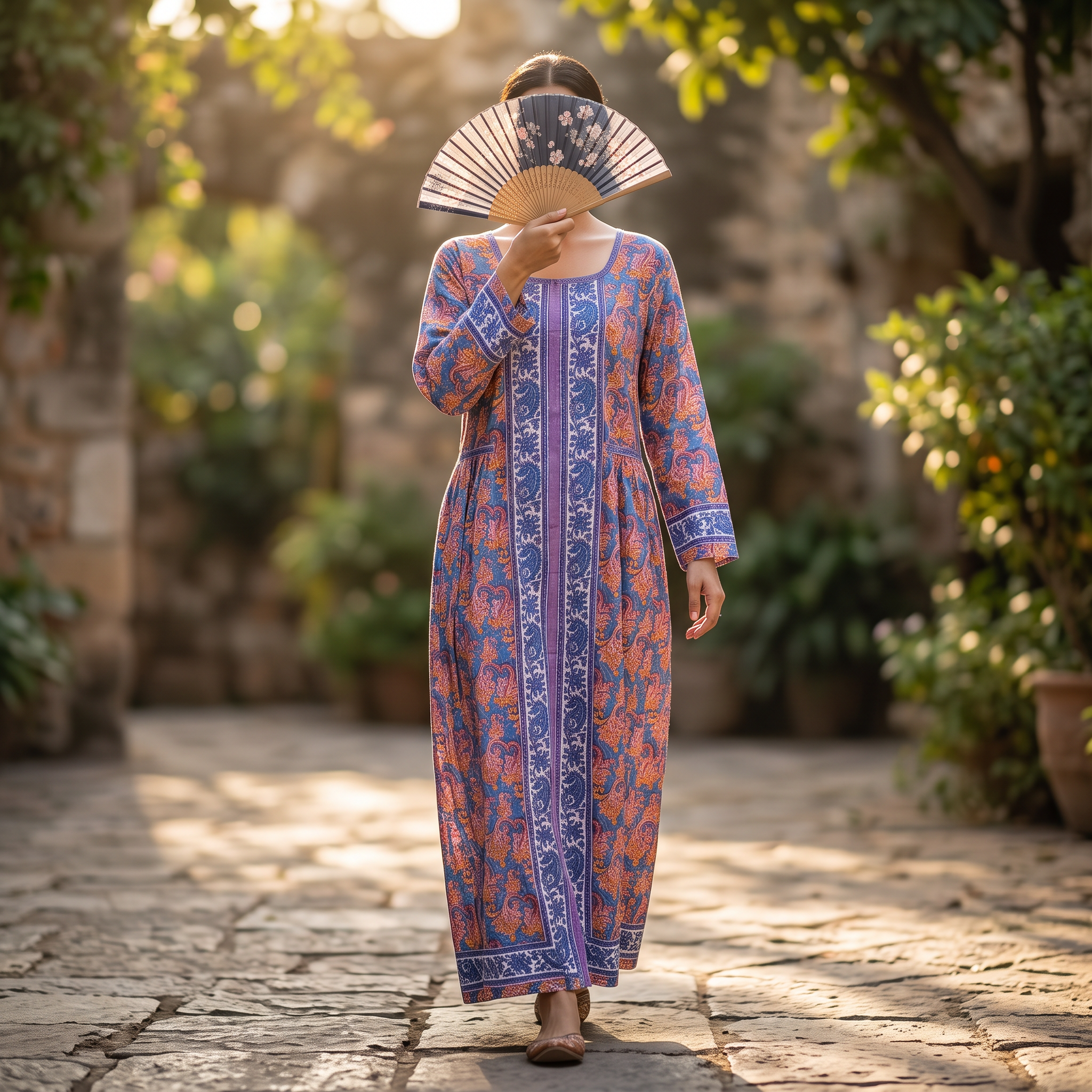 S/M Crystal Bhopali Printed Cotton Dress 57" Long Jalabiya TNY 833
