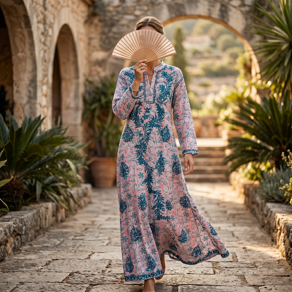 L-XL Sofi Printed Cotton Dress 57" Long Jalabiya