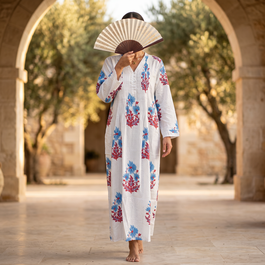 Sparrow L/XL Crystal Printed Cotton Dress 57" Long Jalabiya  RNY 1052