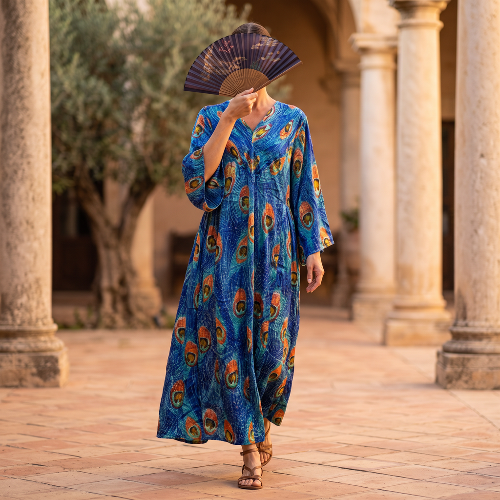 L/XL Anisa Silk Crystal Printed Cotton Dress 57" Long Jalabiya RN 941