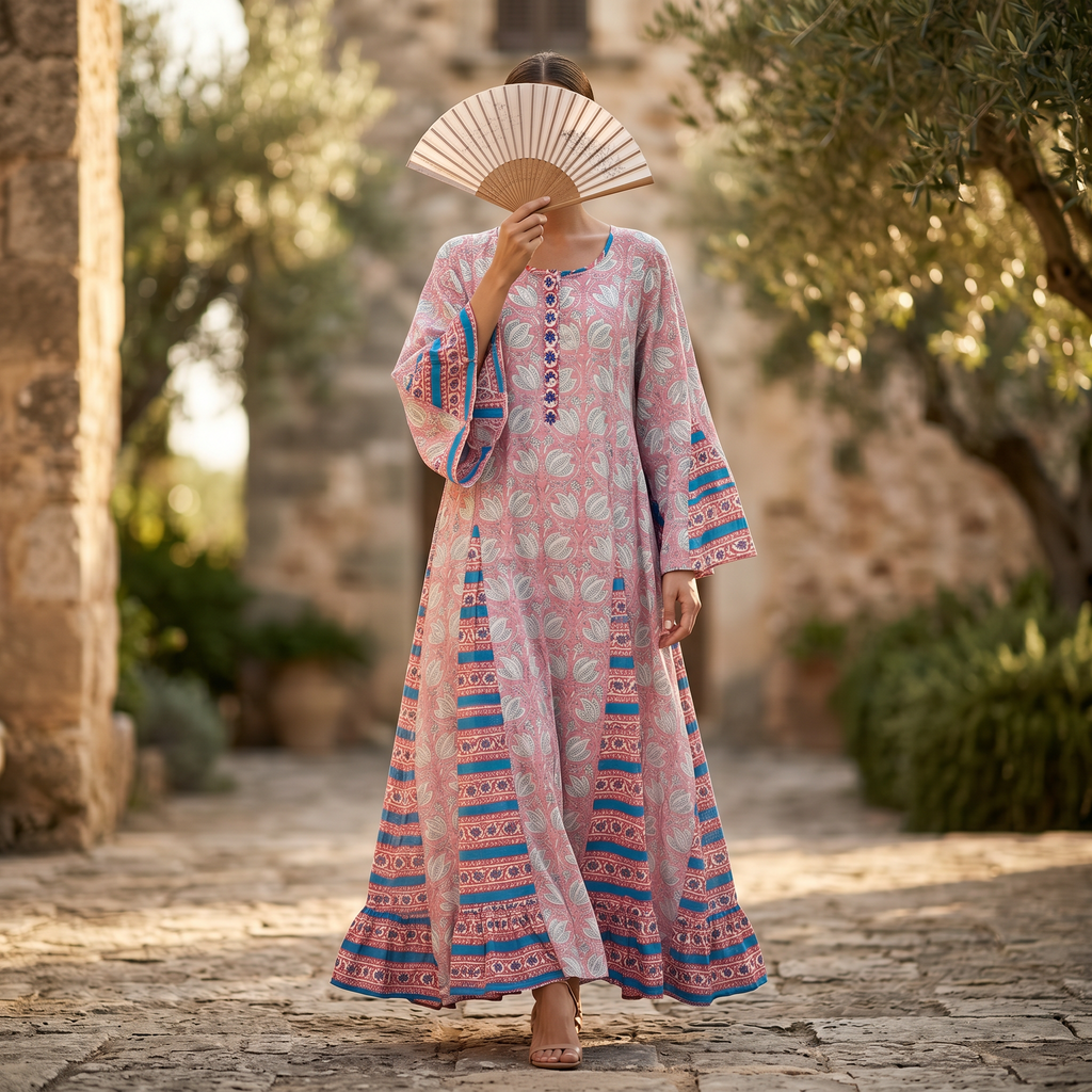 L-XL Kiai Printed Cotton Dress 57" Long Jalabiya TN 279
